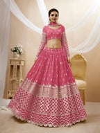 Jyoti Fashion Women's Pink Georgette Sequins Zari Embroidered Lehenga Choli & Dupatta