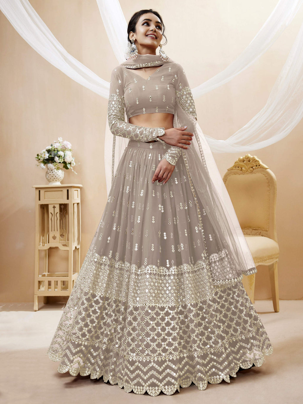 Jyoti Fashion Women's Grey Georgette Sequins Zari Embroidered Lehenga Choli & Dupatta