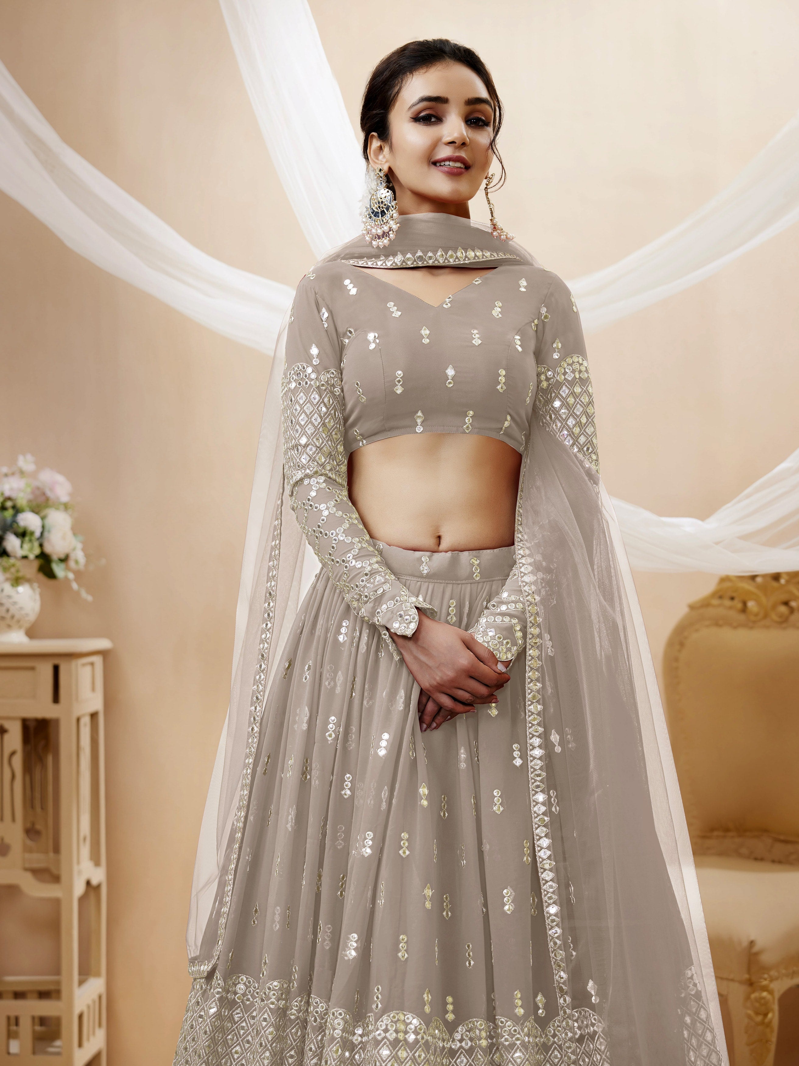 Jyoti Fashion Women's Grey Georgette Sequins Zari Embroidered Lehenga Choli & Dupatta