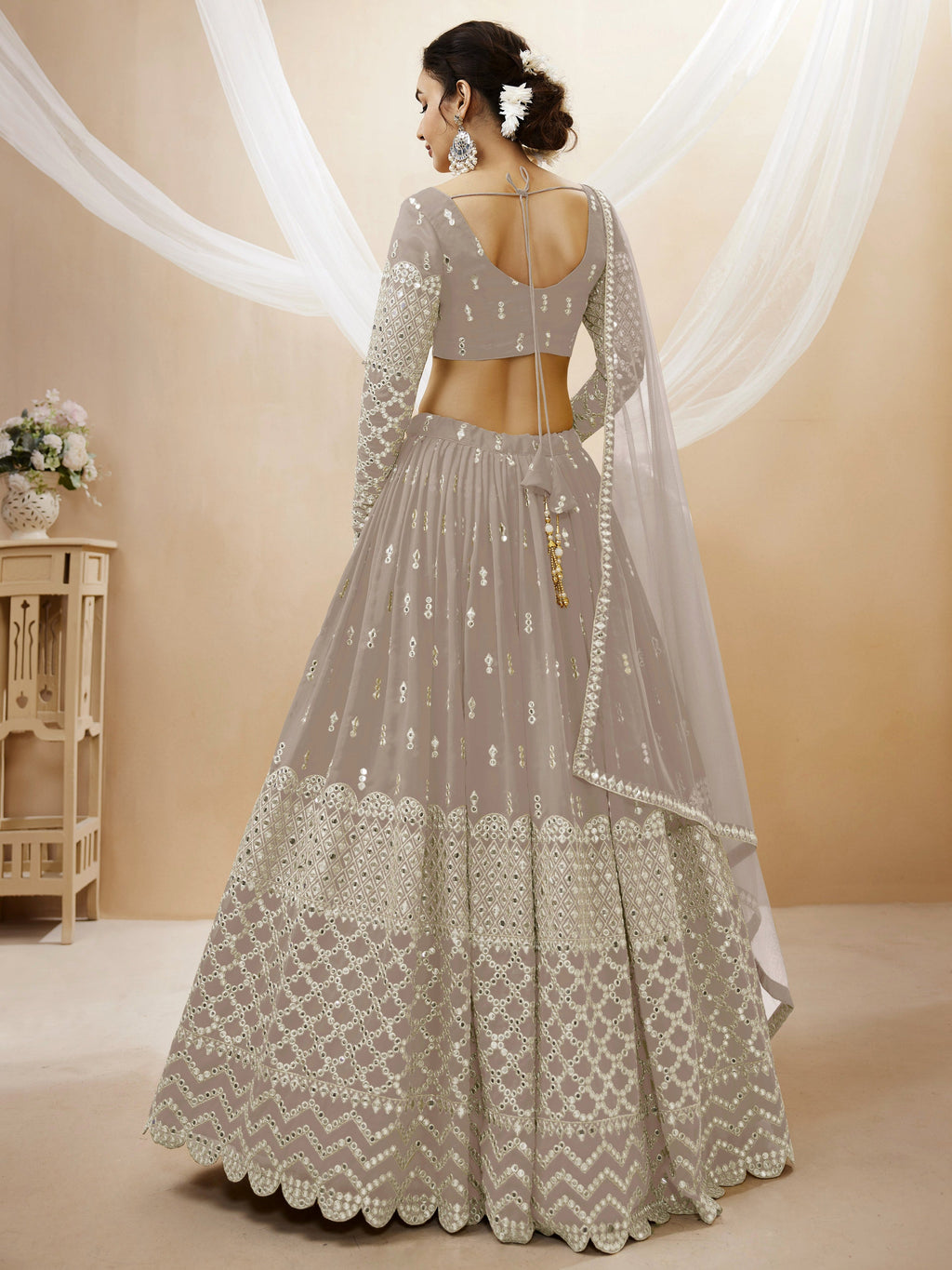 Jyoti Fashion Women's Grey Georgette Sequins Zari Embroidered Lehenga Choli & Dupatta