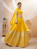 Jyoti Fashion Women's Yellow Georgette Sequins Zari Embroidered Lehenga Choli & Dupatta