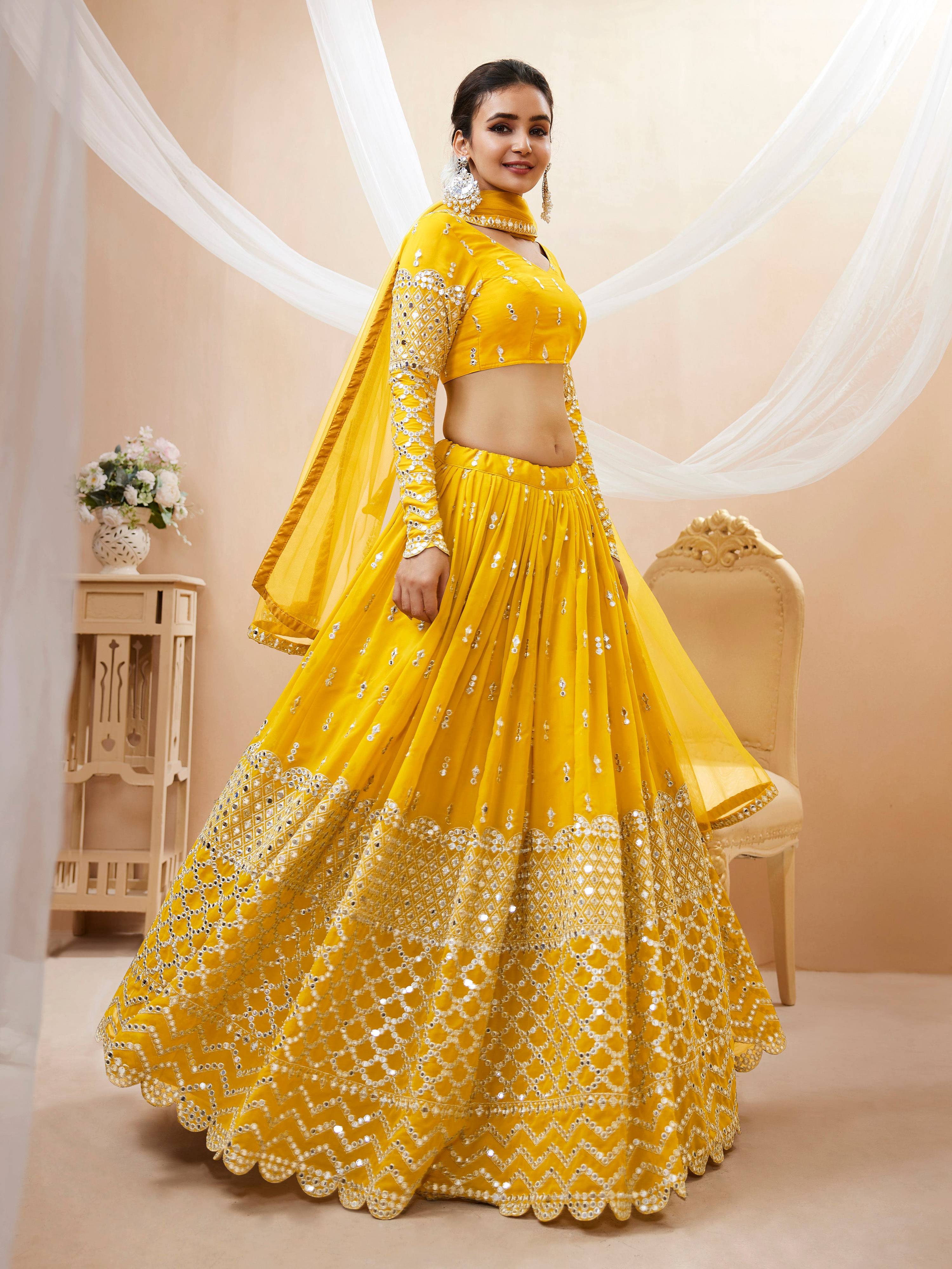 Jyoti Fashion Women's Yellow Georgette Sequins Zari Embroidered Lehenga Choli & Dupatta