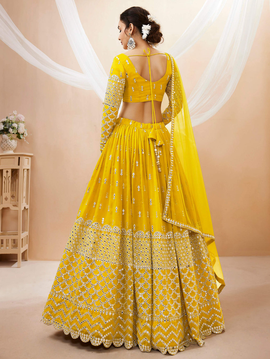 Jyoti Fashion Women's Yellow Georgette Sequins Zari Embroidered Lehenga Choli & Dupatta