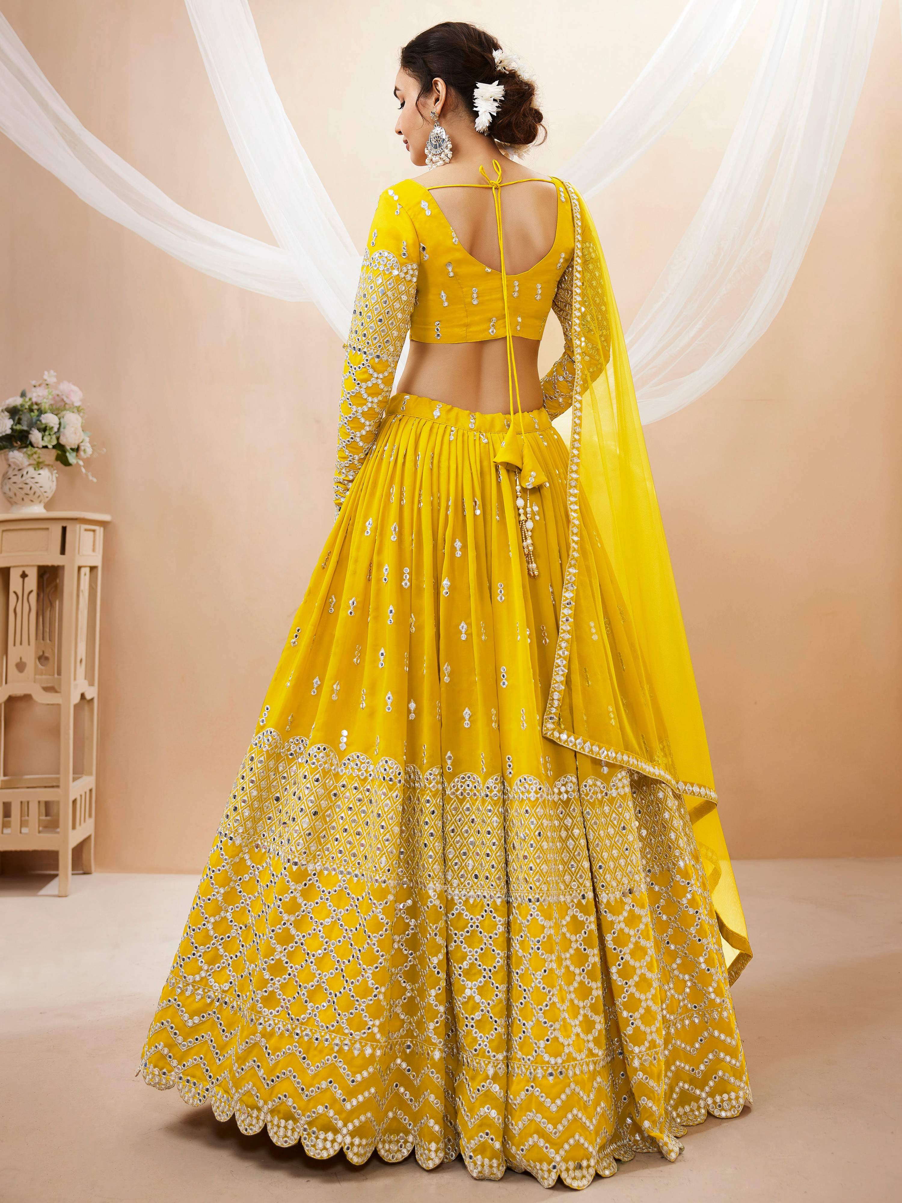 Jyoti Fashion Women's Yellow Georgette Sequins Zari Embroidered Lehenga Choli & Dupatta