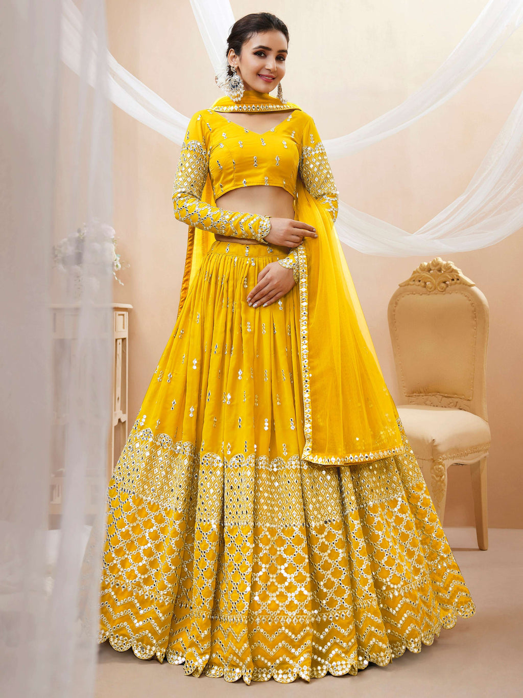 Jyoti Fashion Women's Yellow Georgette Sequins Zari Embroidered Lehenga Choli & Dupatta
