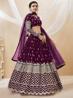 Jyoti Fashion Women's Wine Georgette Sequins Zari Embroidered Lehenga Choli & Dupatta