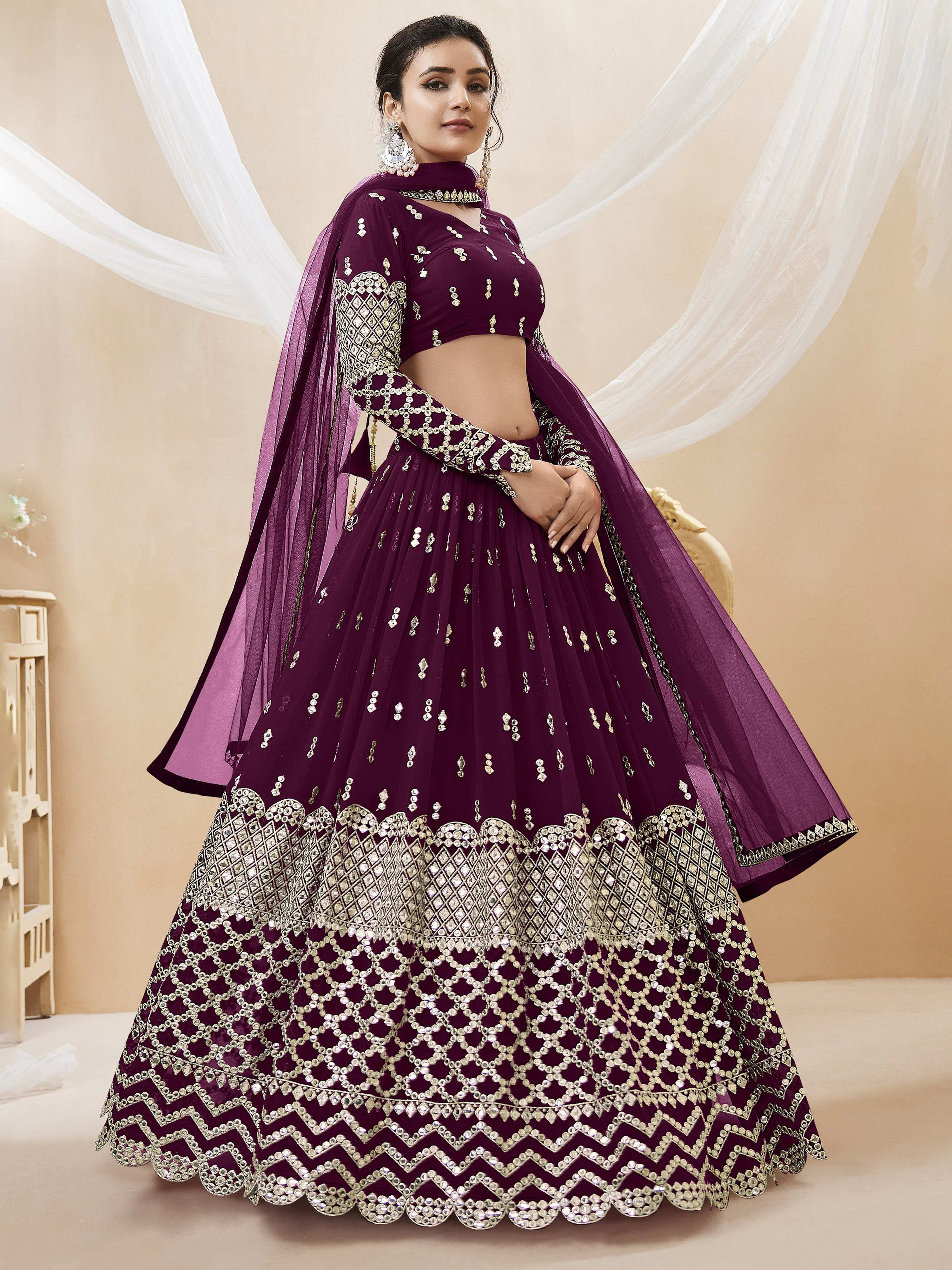 Jyoti Fashion Women's Wine Georgette Sequins Zari Embroidered Lehenga Choli & Dupatta