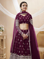 Jyoti Fashion Women's Wine Georgette Sequins Zari Embroidered Lehenga Choli & Dupatta
