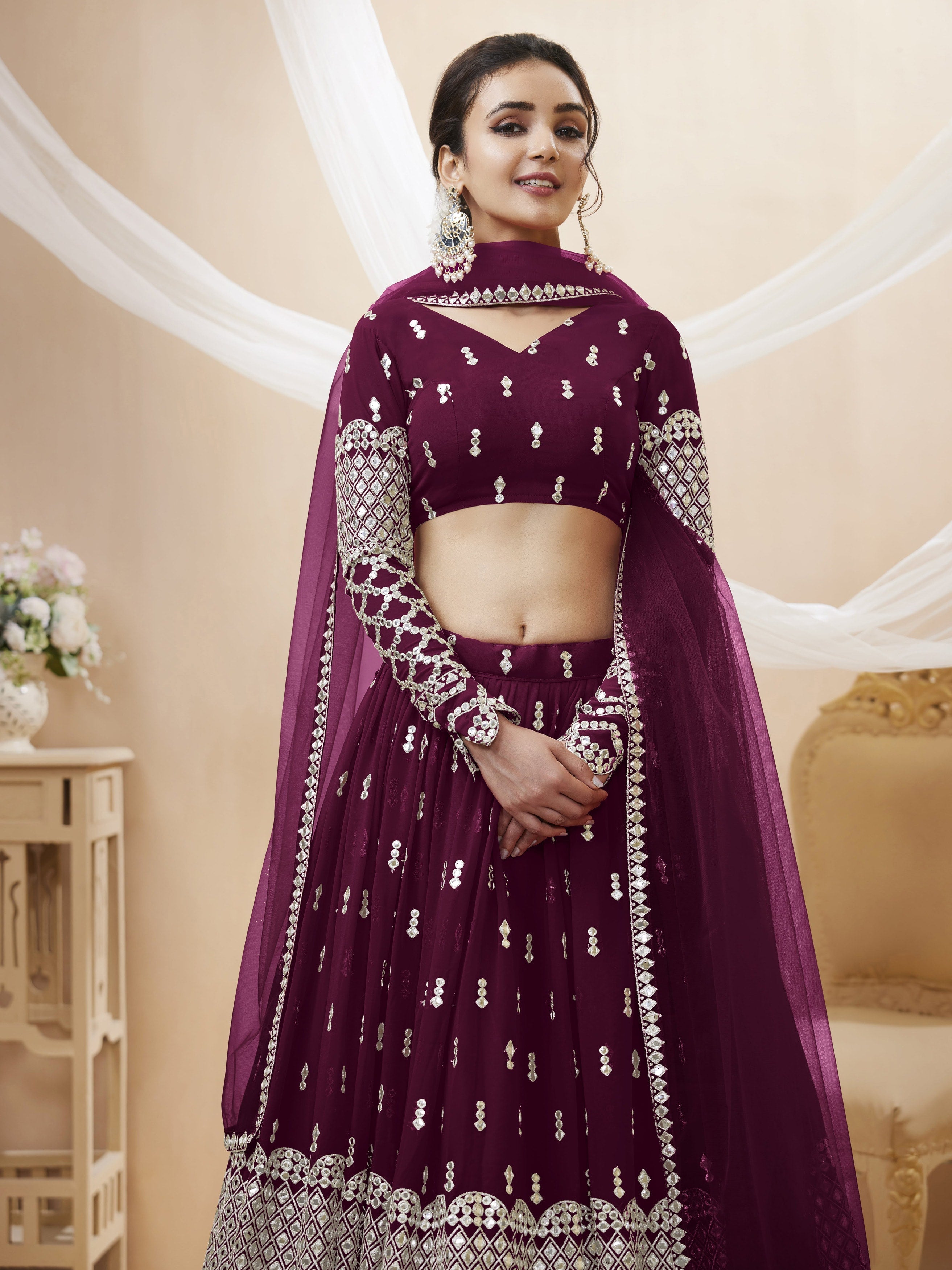 Jyoti Fashion Women's Wine Georgette Sequins Zari Embroidered Lehenga Choli & Dupatta