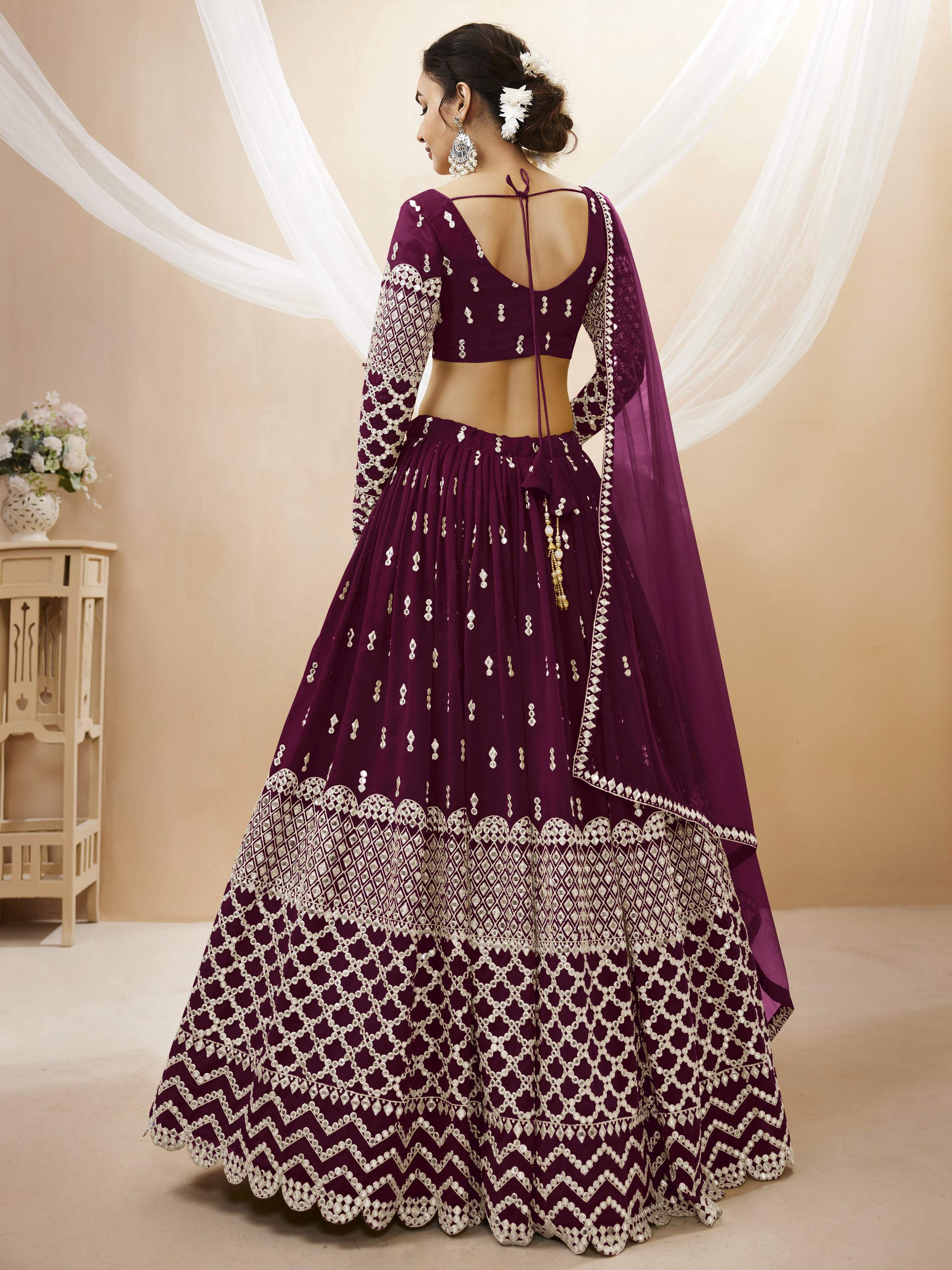 Jyoti Fashion Women's Wine Georgette Sequins Zari Embroidered Lehenga Choli & Dupatta