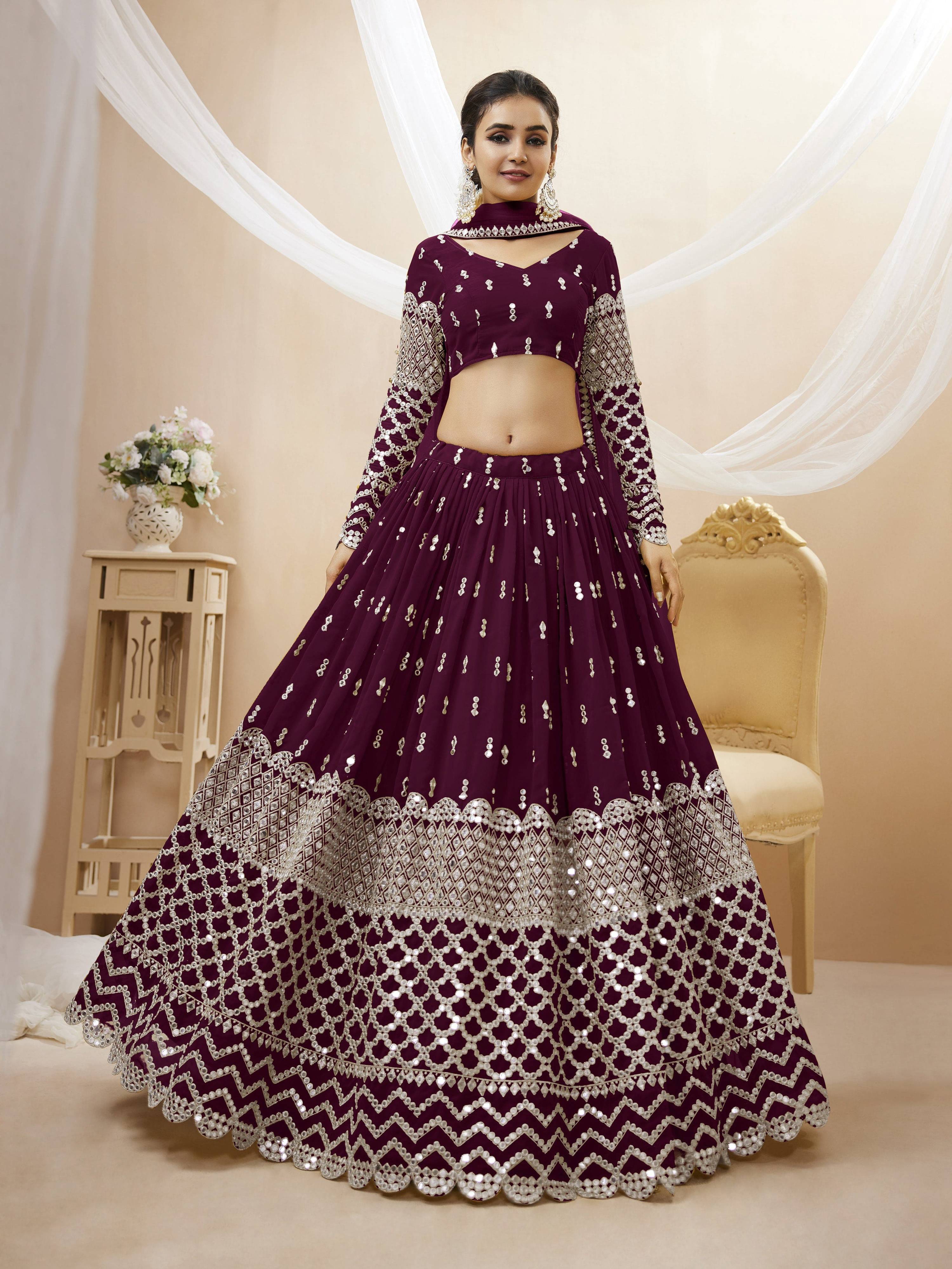 Jyoti Fashion Women's Wine Georgette Sequins Zari Embroidered Lehenga Choli & Dupatta