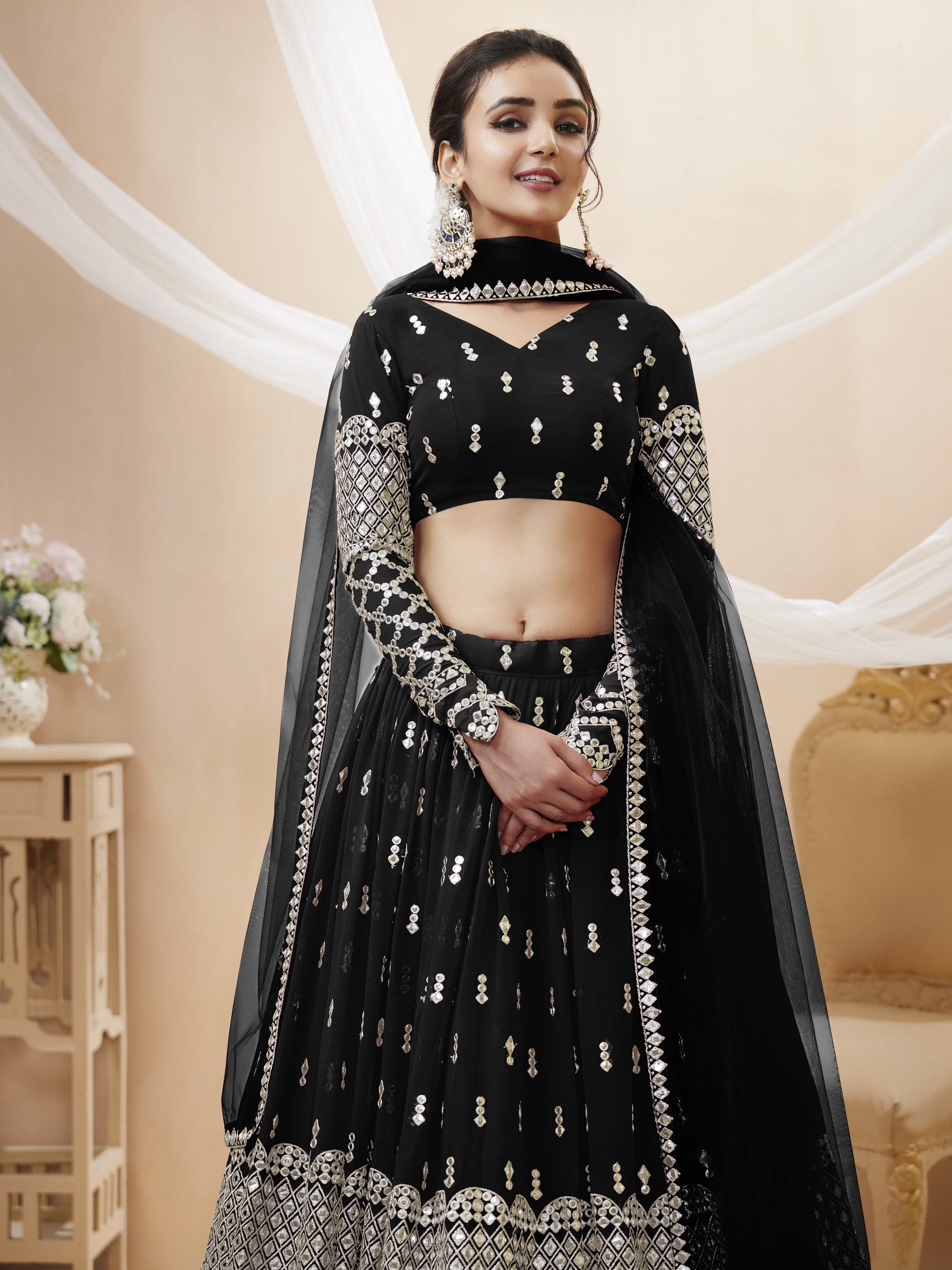 Jyoti Fashion Women's Black Georgette Sequins Zari Embroidered Lehenga Choli & Dupatta