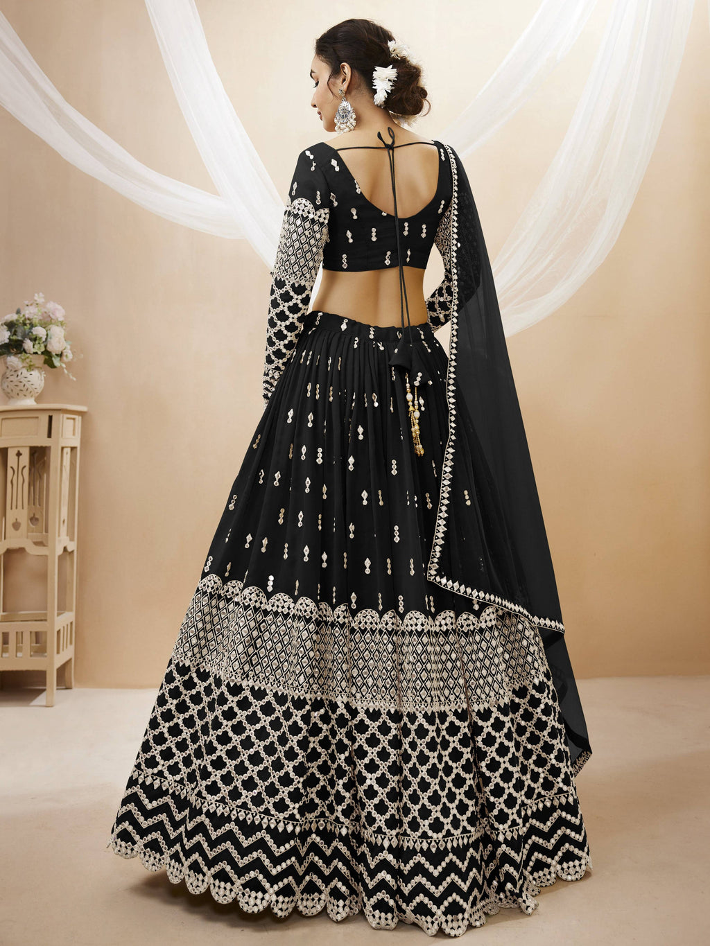 Jyoti Fashion Women's Black Georgette Sequins Zari Embroidered Lehenga Choli & Dupatta
