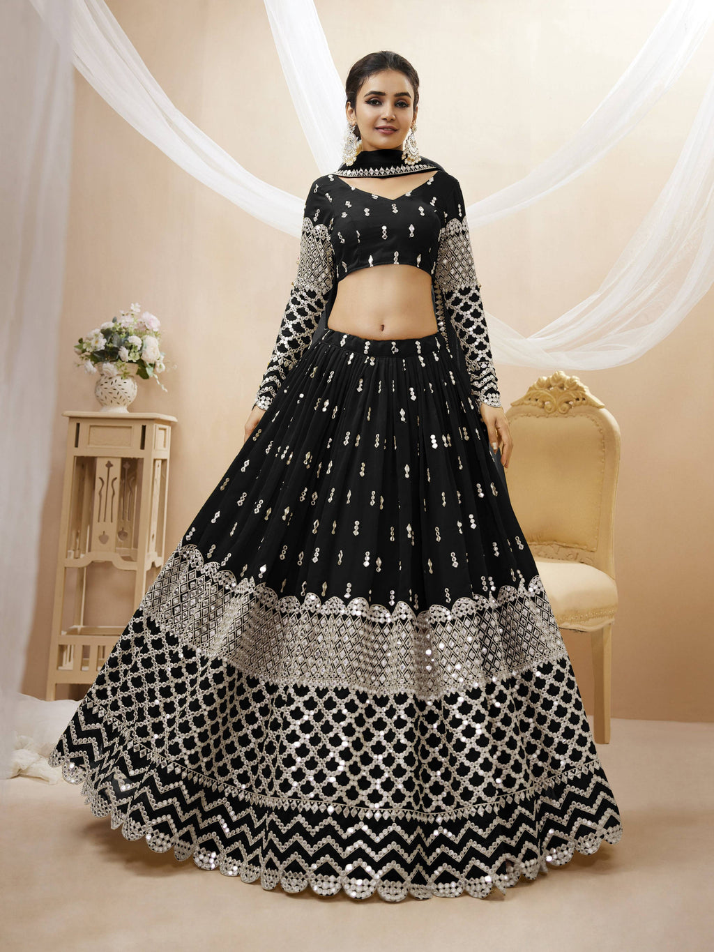 Jyoti Fashion Women's Black Georgette Sequins Zari Embroidered Lehenga Choli & Dupatta