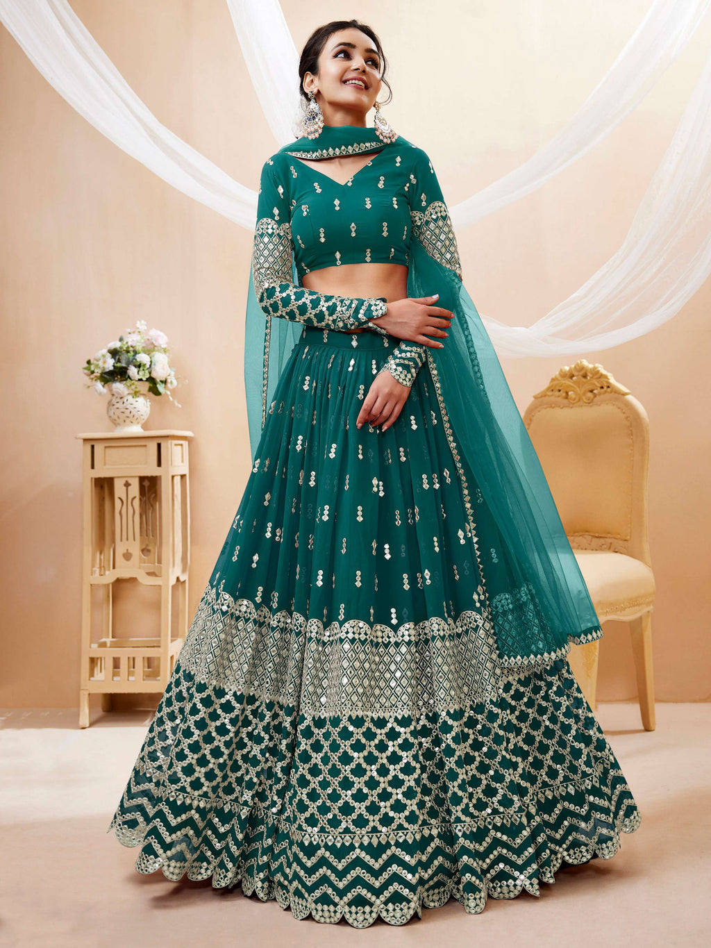Jyoti Fashion Women's Teal Blue Georgette Sequins Zari Embroidered Lehenga Choli & Dupatta