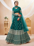Jyoti Fashion Women's Teal Blue Georgette Sequins Zari Embroidered Lehenga Choli & Dupatta