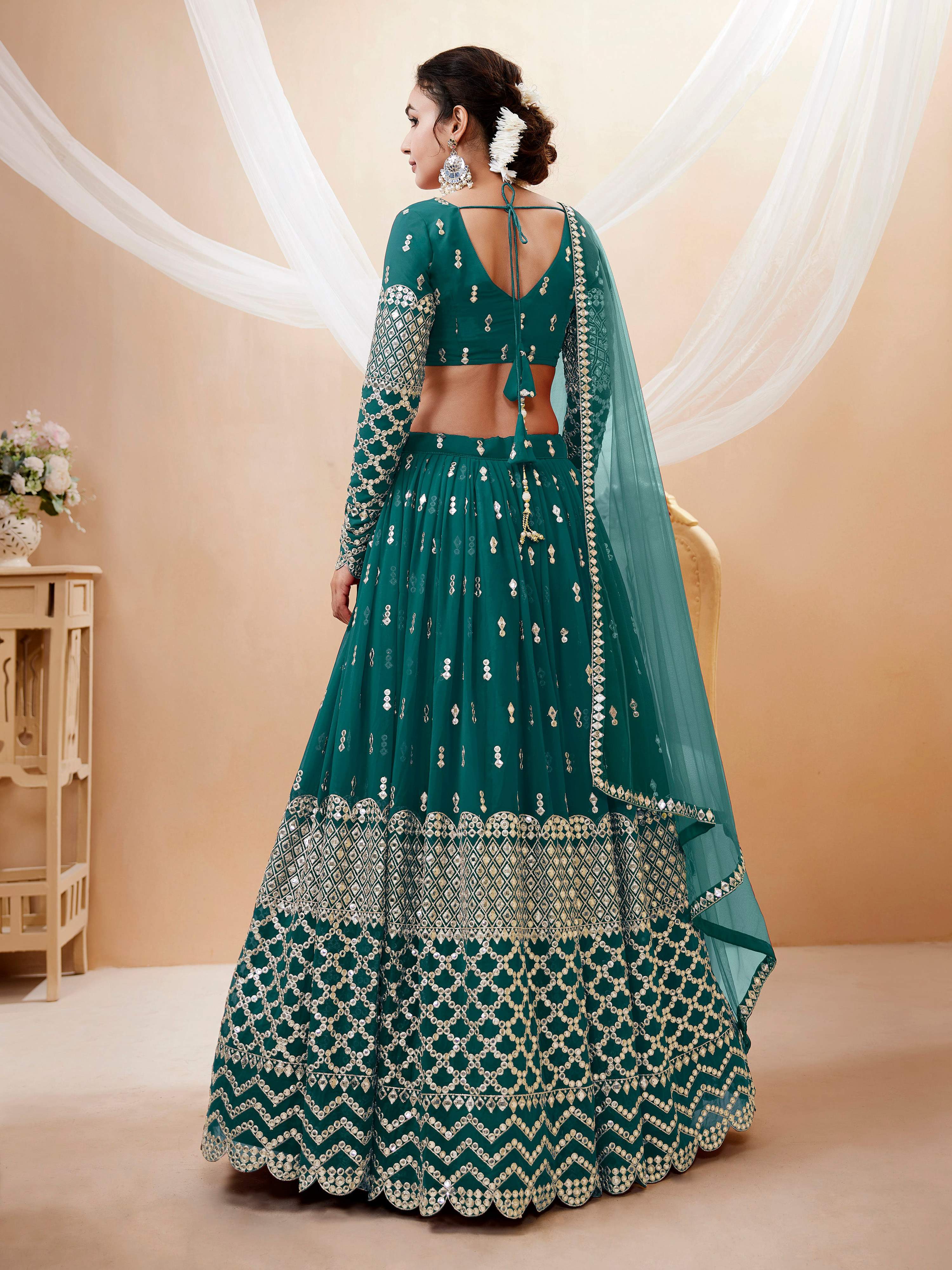 Jyoti Fashion Women's Teal Blue Georgette Sequins Zari Embroidered Lehenga Choli & Dupatta