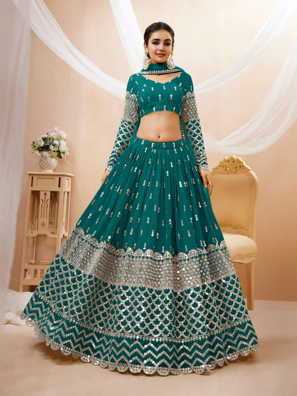Jyoti Fashion Women's Teal Blue Georgette Sequins Zari Embroidered Lehenga Choli & Dupatta
