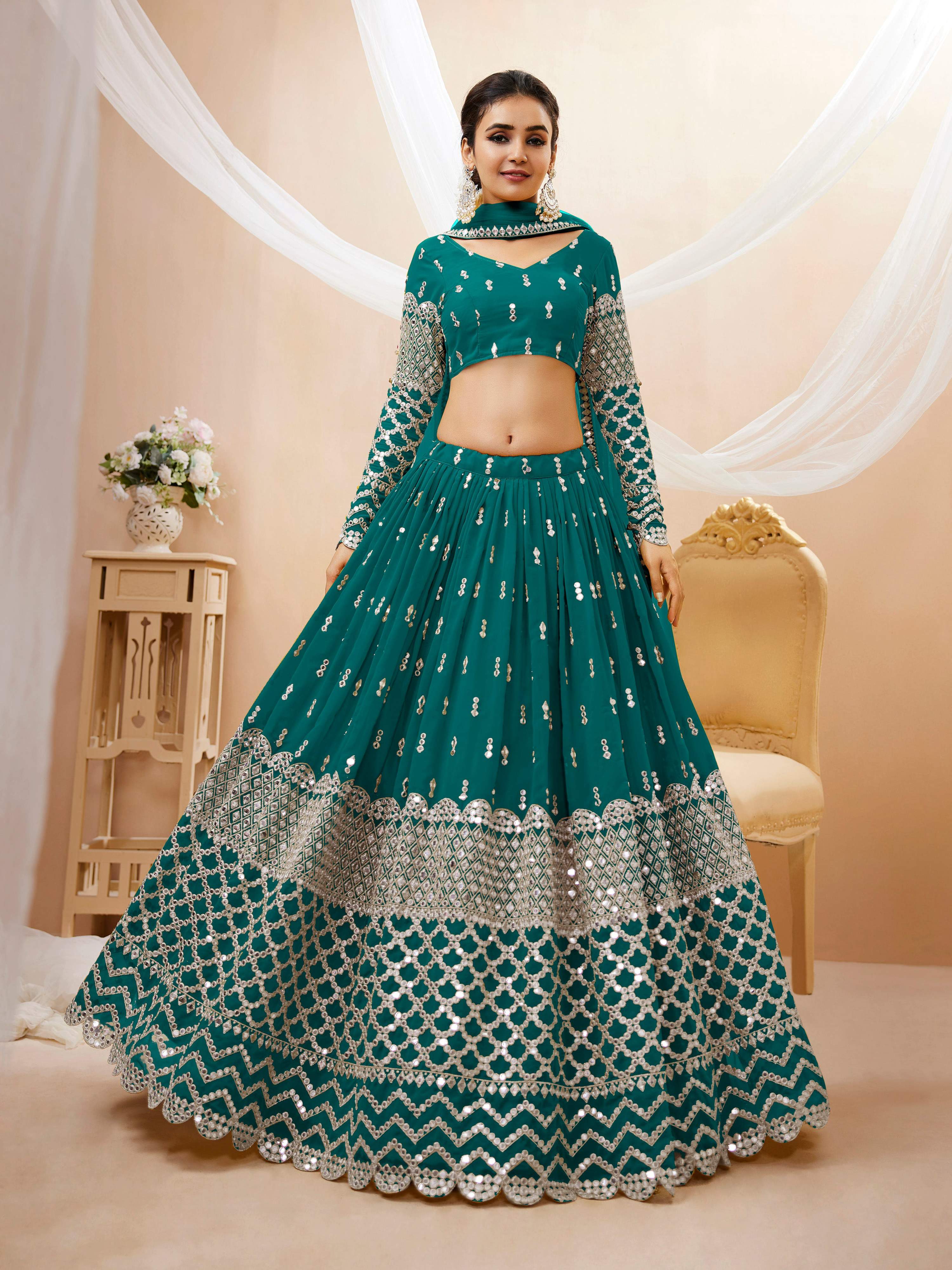Jyoti Fashion Women's Teal Blue Georgette Sequins Zari Embroidered Lehenga Choli & Dupatta