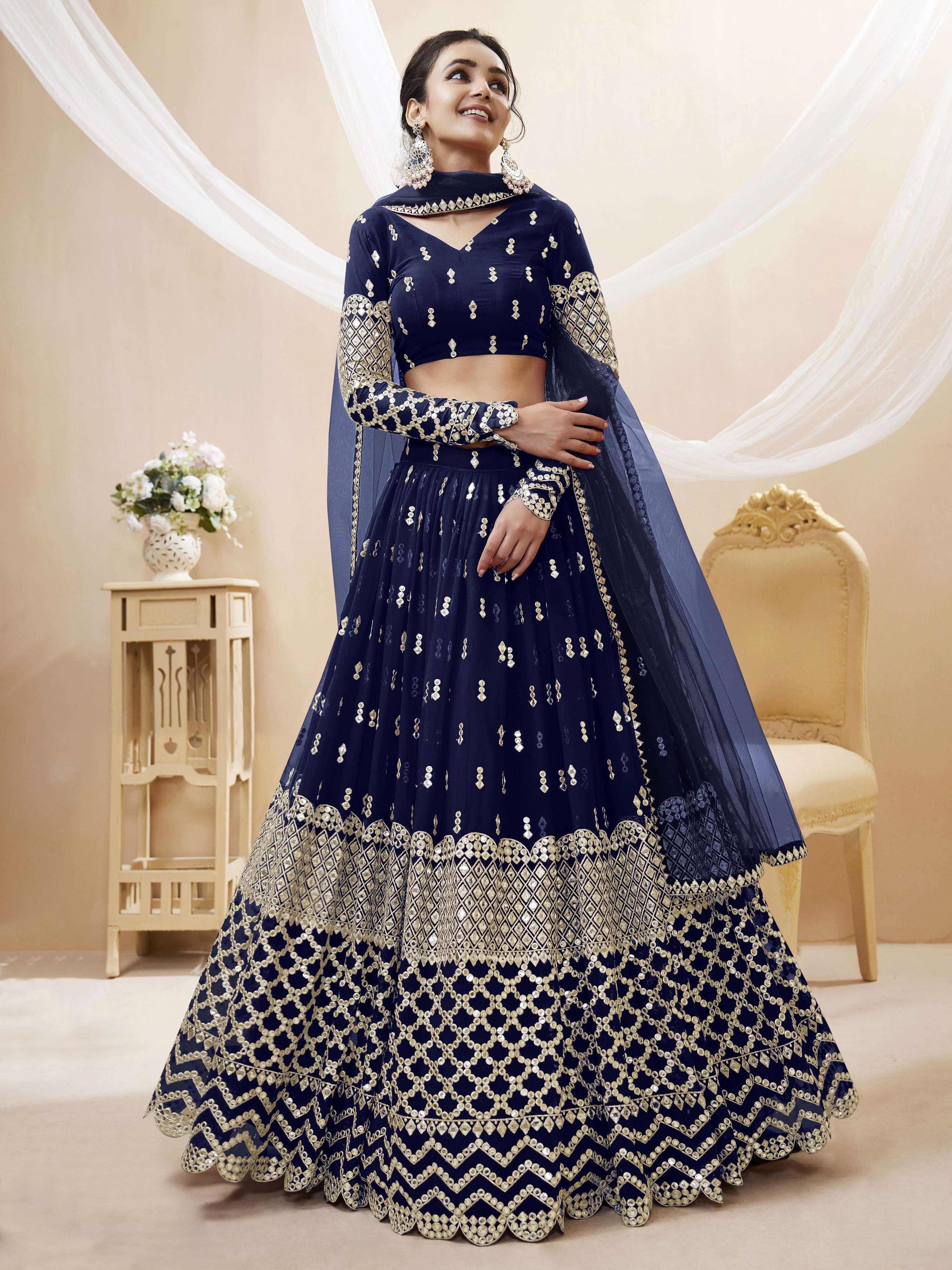 Jyoti Fashion Women's Navy Blue Georgette Sequins Zari Embroidered Lehenga Choli & Dupatta