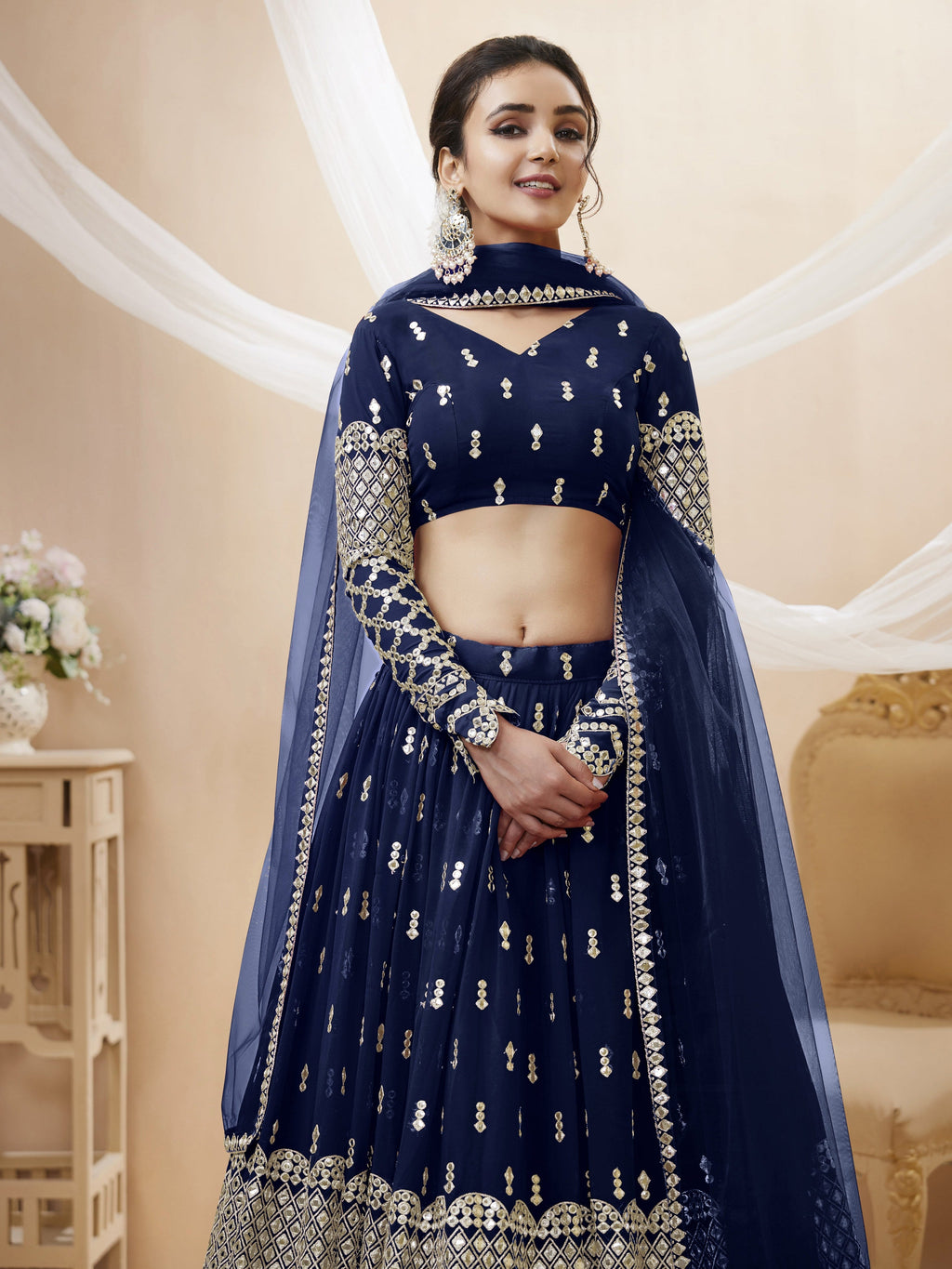 Jyoti Fashion Women's Navy Blue Georgette Sequins Zari Embroidered Lehenga Choli & Dupatta