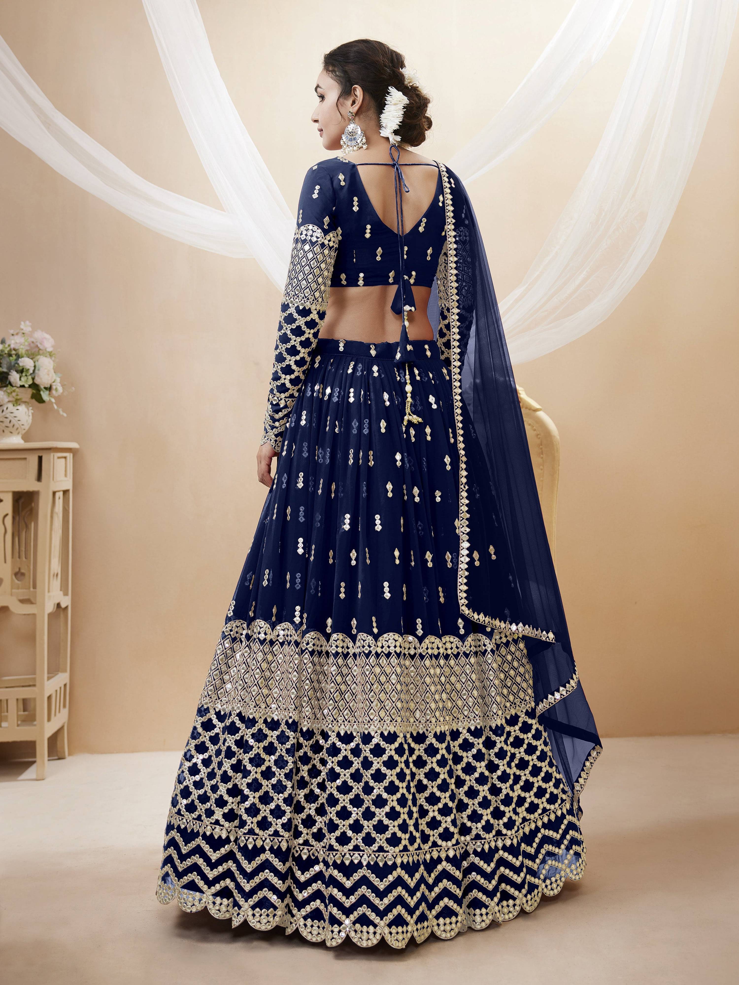 Jyoti Fashion Women's Navy Blue Georgette Sequins Zari Embroidered Lehenga Choli & Dupatta