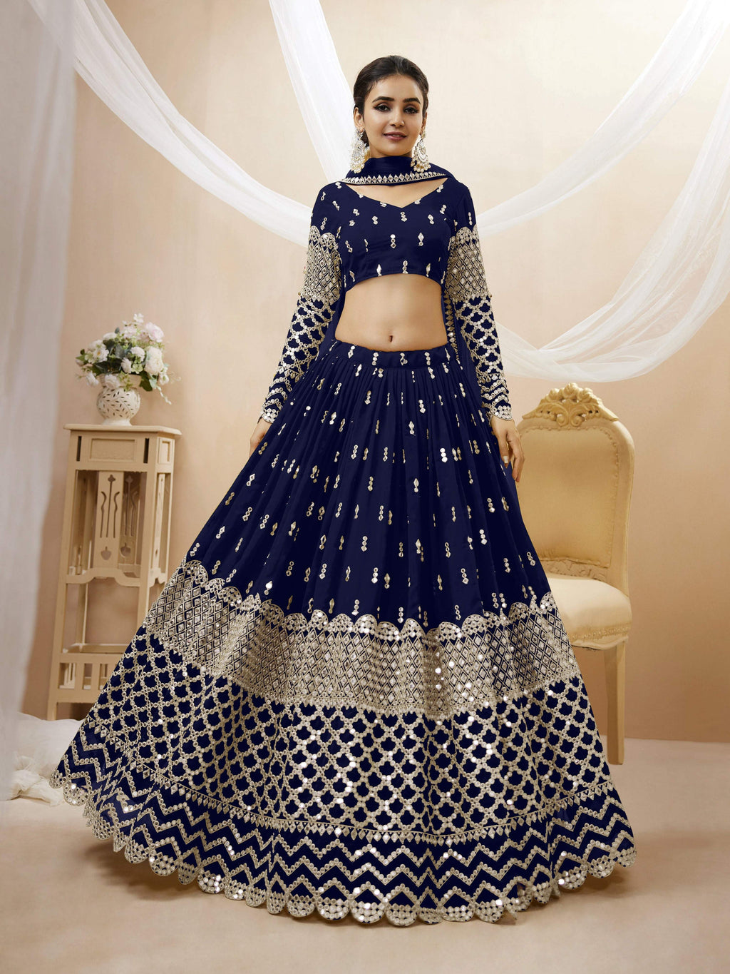 Jyoti Fashion Women's Navy Blue Georgette Sequins Zari Embroidered Lehenga Choli & Dupatta