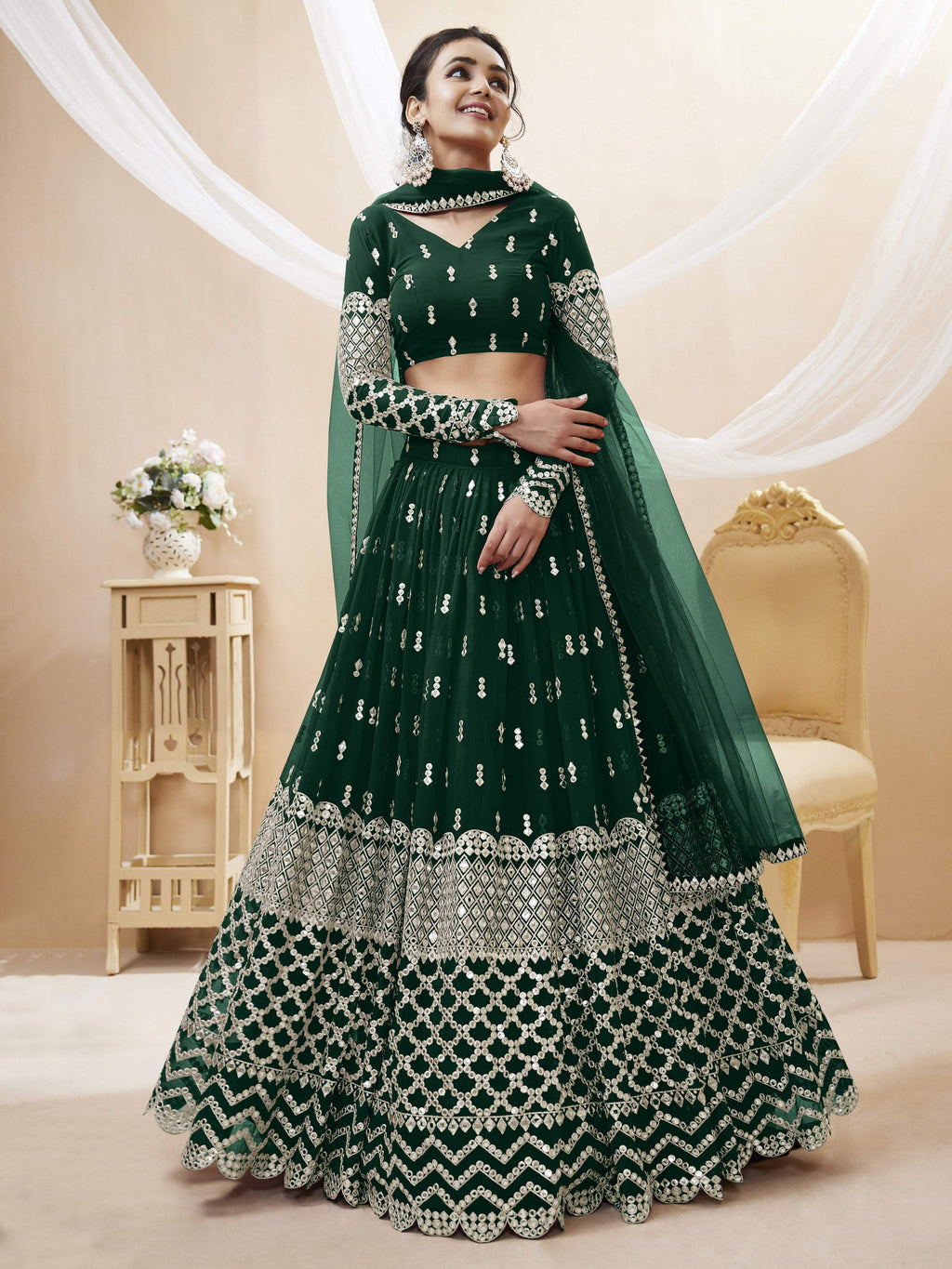 Jyoti Fashion Women's Green Georgette Sequins Zari Embroidered Lehenga Choli & Dupatta