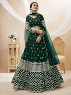 Jyoti Fashion Women's Green Georgette Sequins Zari Embroidered Lehenga Choli & Dupatta