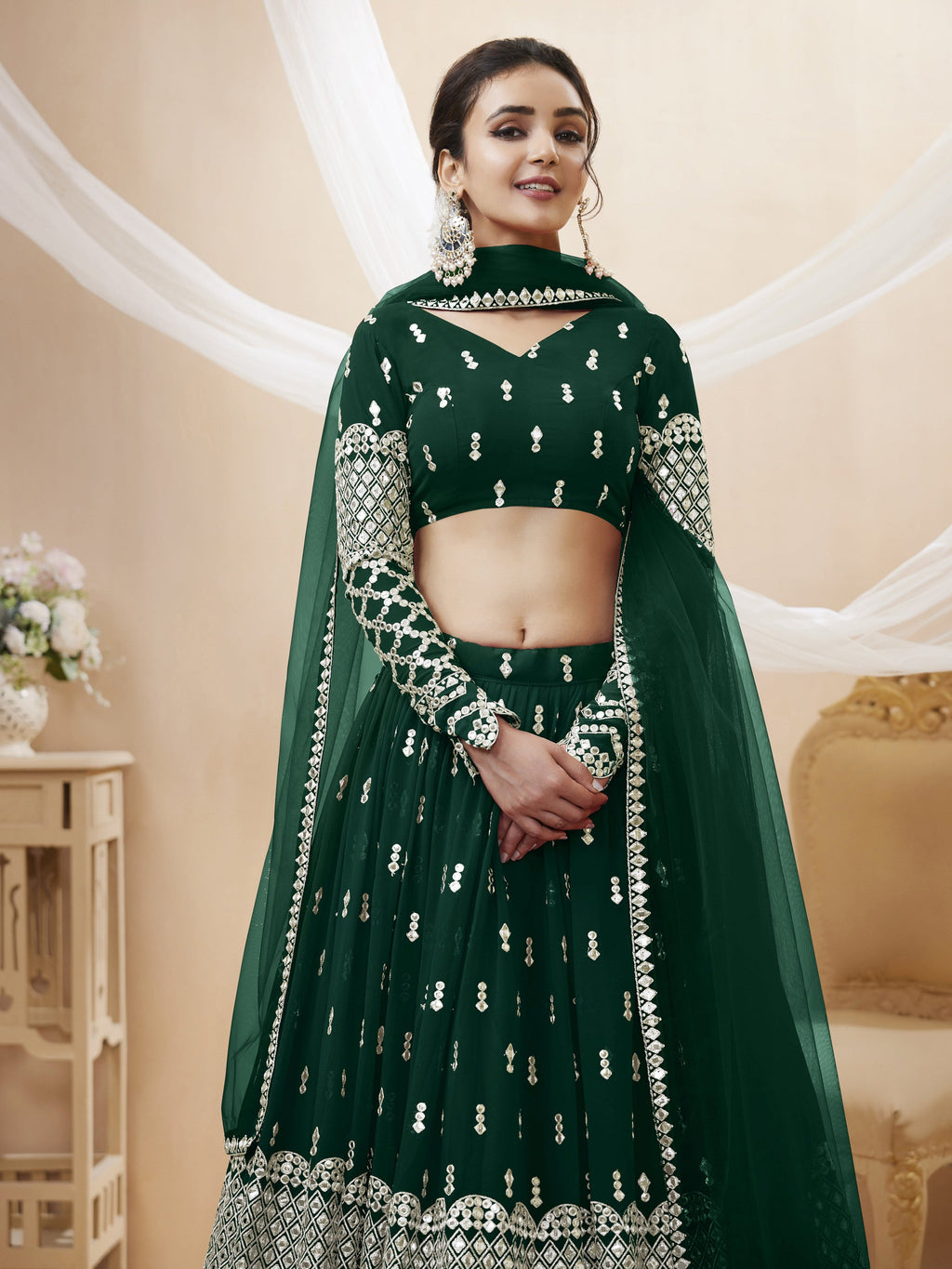 Jyoti Fashion Women's Green Georgette Sequins Zari Embroidered Lehenga Choli & Dupatta