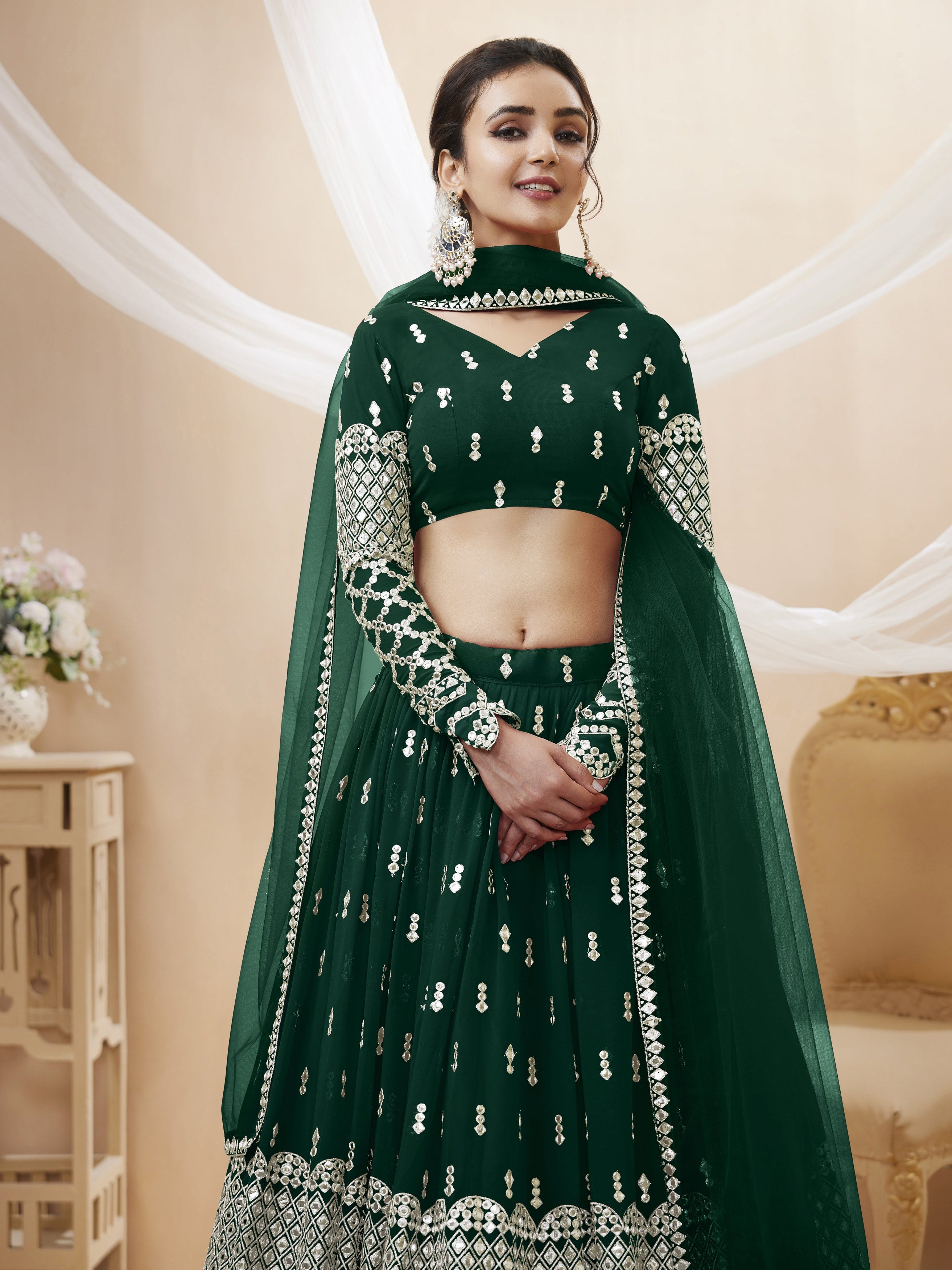 Jyoti Fashion Women's Green Georgette Sequins Zari Embroidered Lehenga Choli & Dupatta