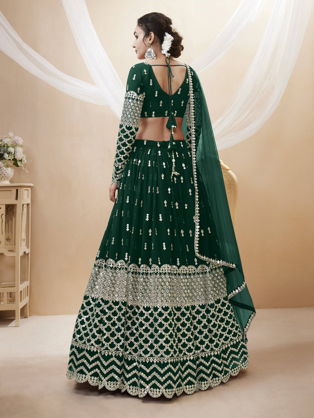 Jyoti Fashion Women's Green Georgette Sequins Zari Embroidered Lehenga Choli & Dupatta