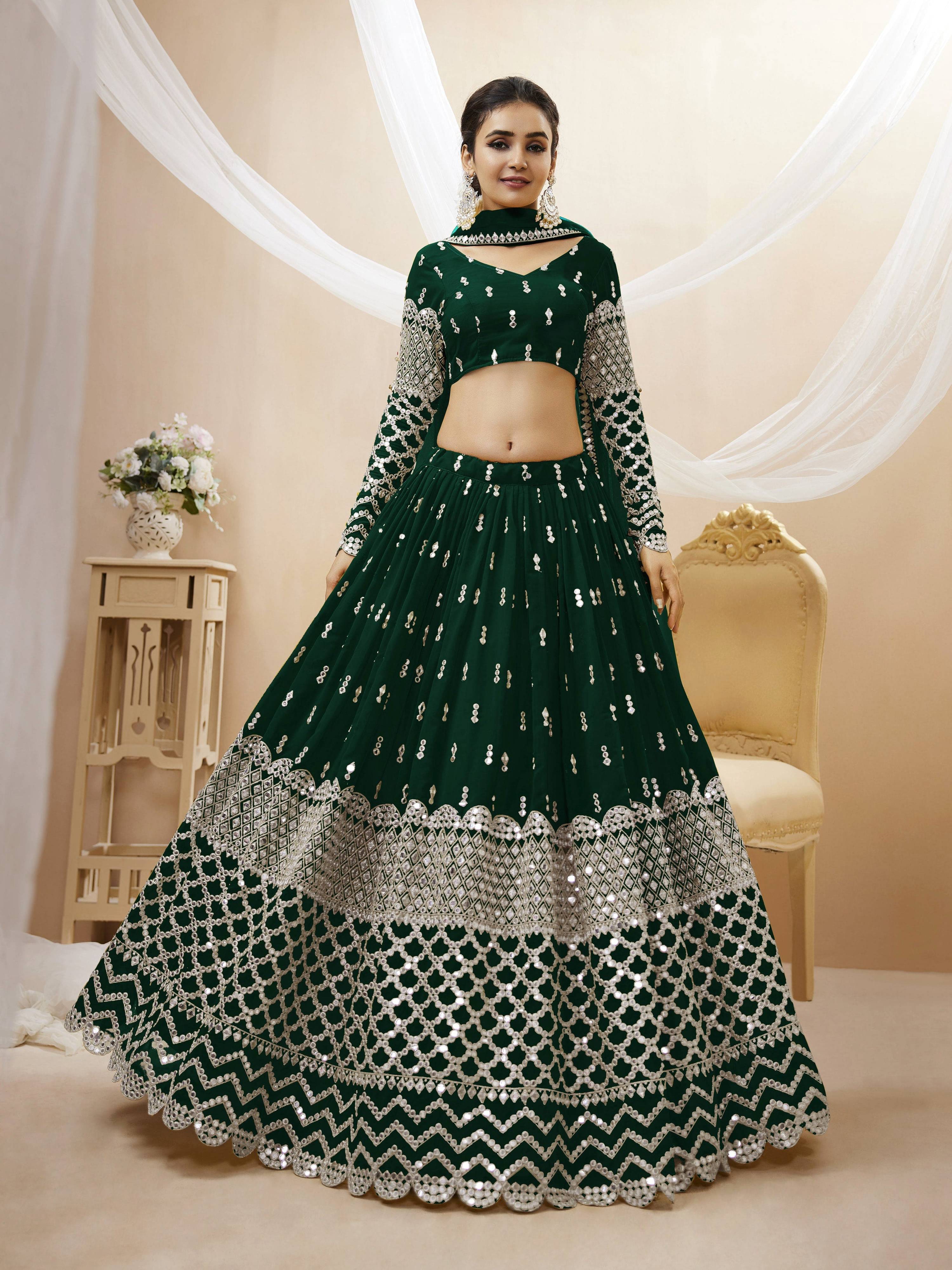 Jyoti Fashion Women's Green Georgette Sequins Zari Embroidered Lehenga Choli & Dupatta