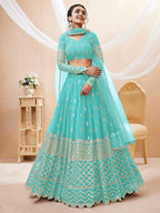 Jyoti Fashion Women's Sky Blue Georgette Sequins Zari Embroidered Lehenga Choli & Dupatta