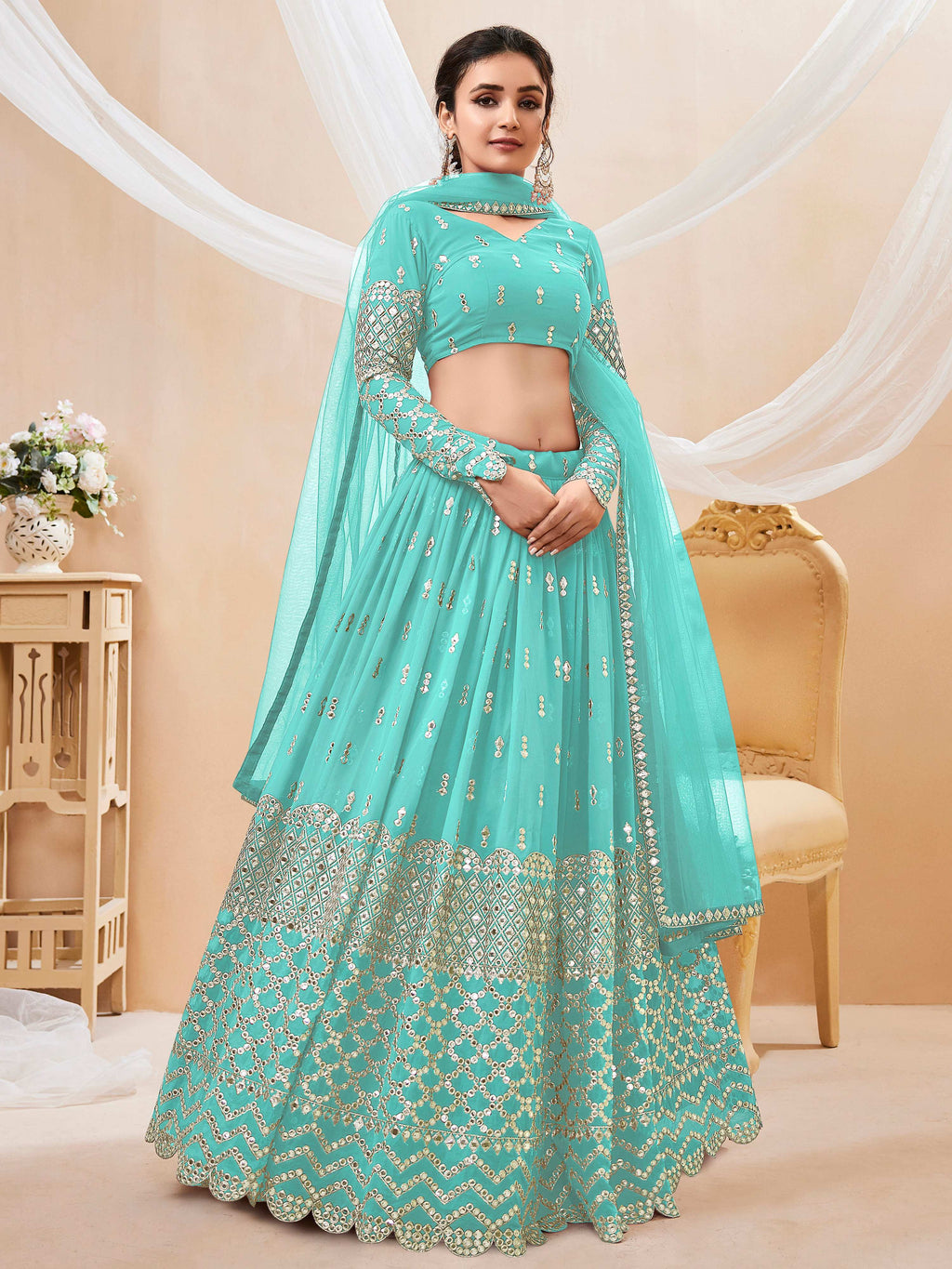 Jyoti Fashion Women's Sky Blue Georgette Sequins Zari Embroidered Lehenga Choli & Dupatta