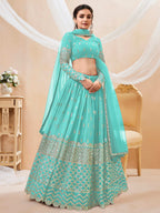 Jyoti Fashion Women's Sky Blue Georgette Sequins Zari Embroidered Lehenga Choli & Dupatta