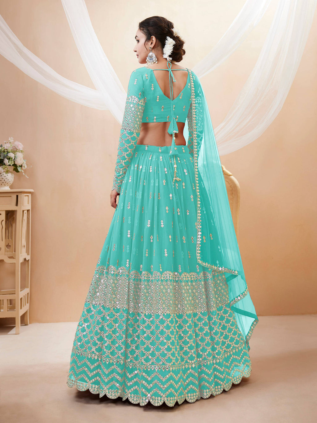 Jyoti Fashion Women's Sky Blue Georgette Sequins Zari Embroidered Lehenga Choli & Dupatta
