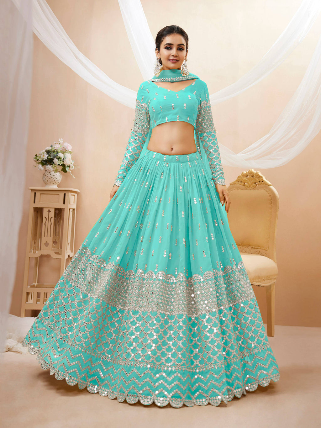 Jyoti Fashion Women's Sky Blue Georgette Sequins Zari Embroidered Lehenga Choli & Dupatta