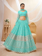 Jyoti Fashion Women's Sky Blue Georgette Sequins Zari Embroidered Lehenga Choli & Dupatta
