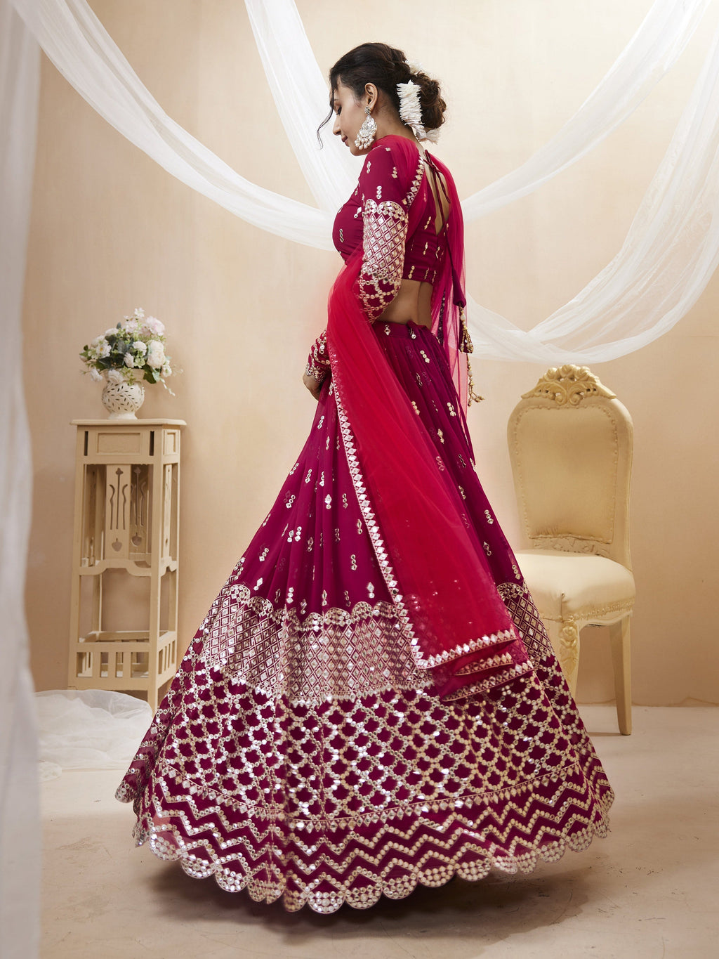 Jyoti Fashion Women's Hot Pink Georgette Sequins Zari Embroidered Lehenga Choli & Dupatta