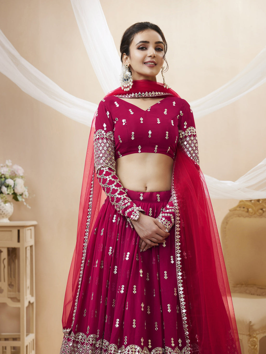 Jyoti Fashion Women's Hot Pink Georgette Sequins Zari Embroidered Lehenga Choli & Dupatta
