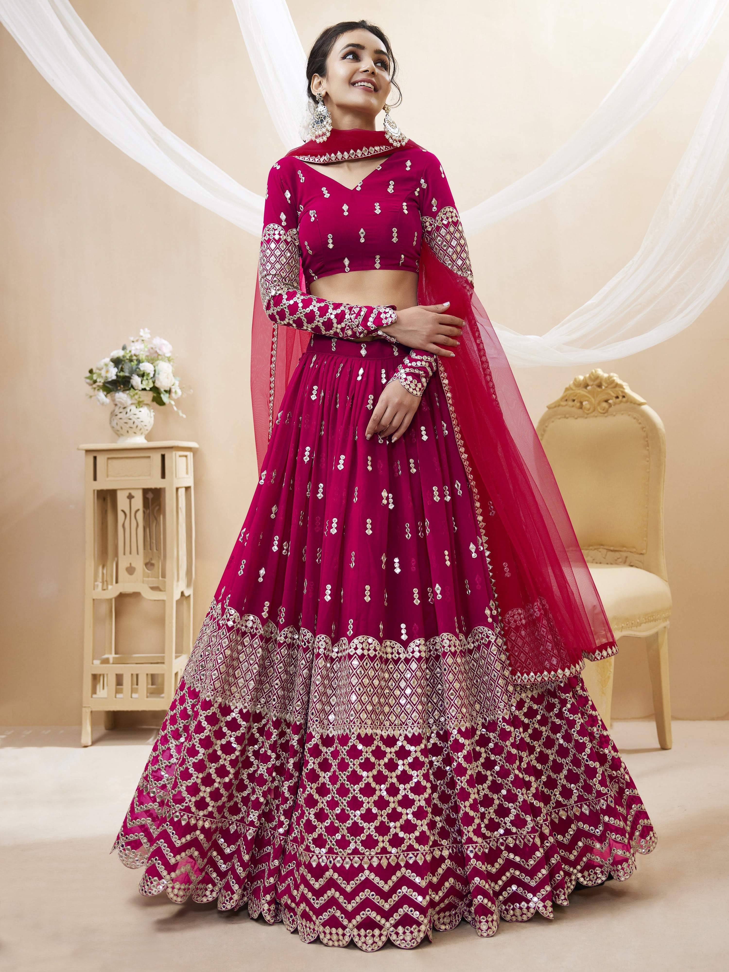 Jyoti Fashion Women's Hot Pink Georgette Sequins Zari Embroidered Lehenga Choli & Dupatta
