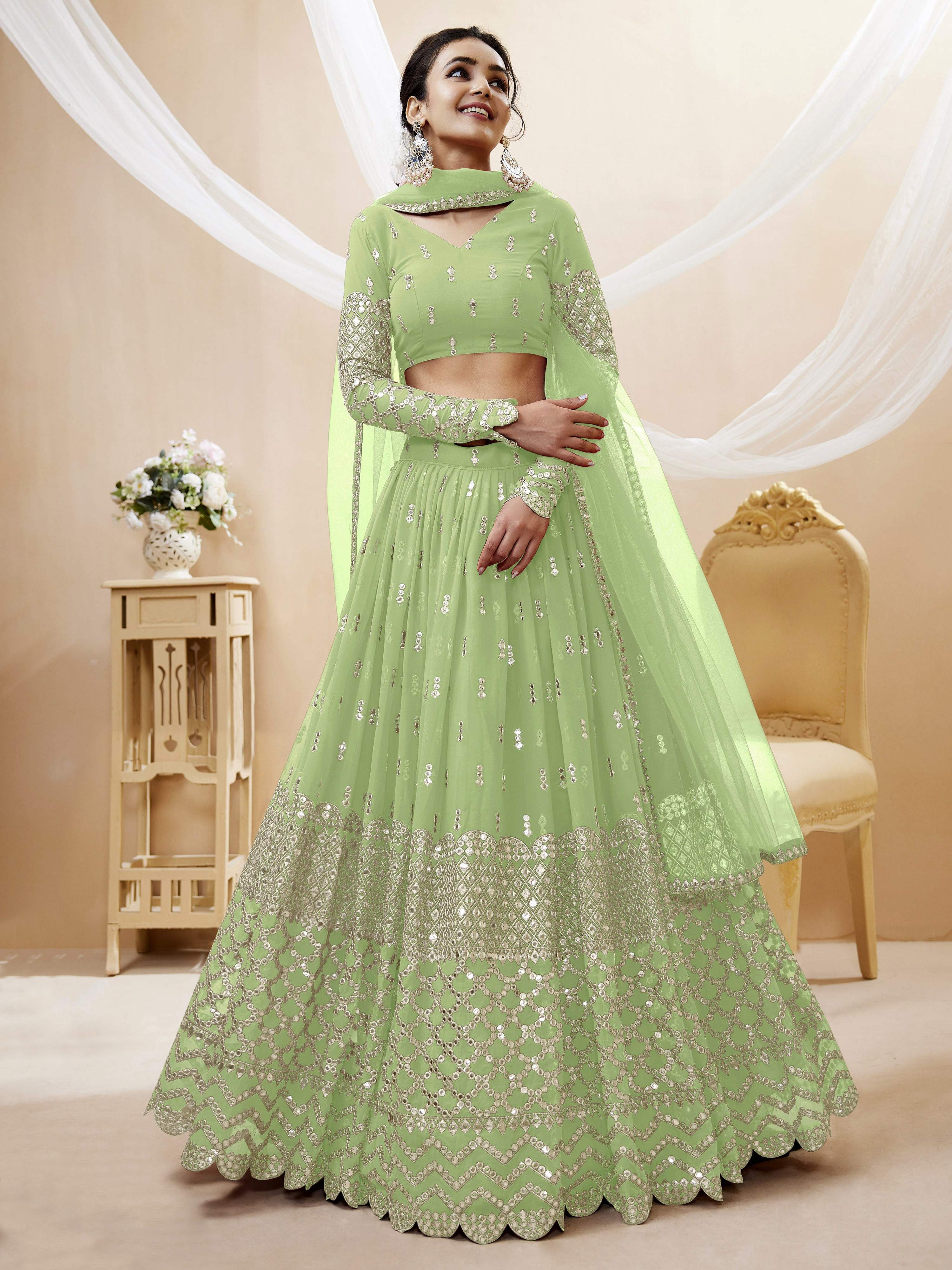 Jyoti Fashion Women's Pista Georgette Sequins Zari Embroidered Lehenga Choli & Dupatta