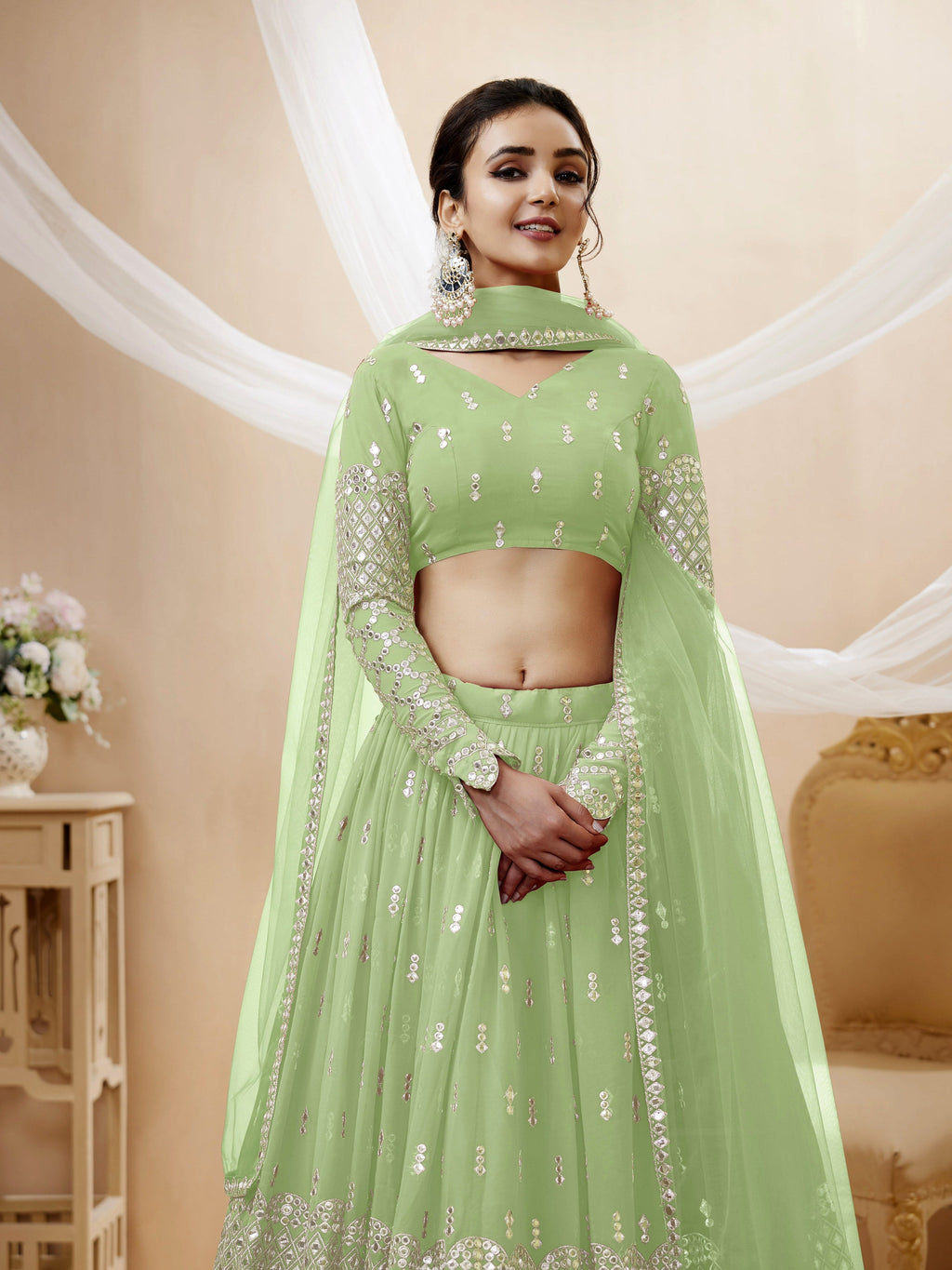 Jyoti Fashion Women's Pista Georgette Sequins Zari Embroidered Lehenga Choli & Dupatta