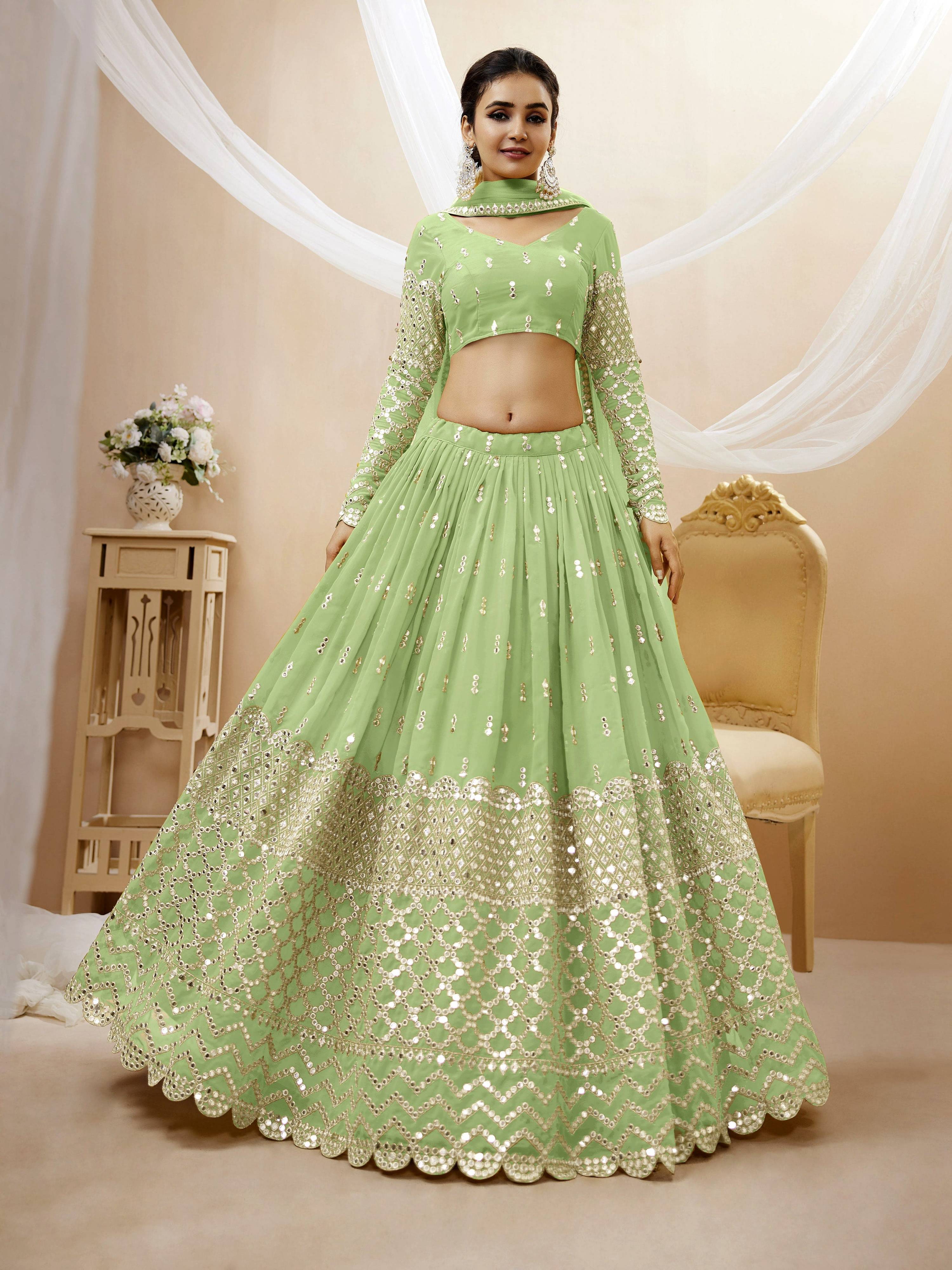 Jyoti Fashion Women's Pista Georgette Sequins Zari Embroidered Lehenga Choli & Dupatta