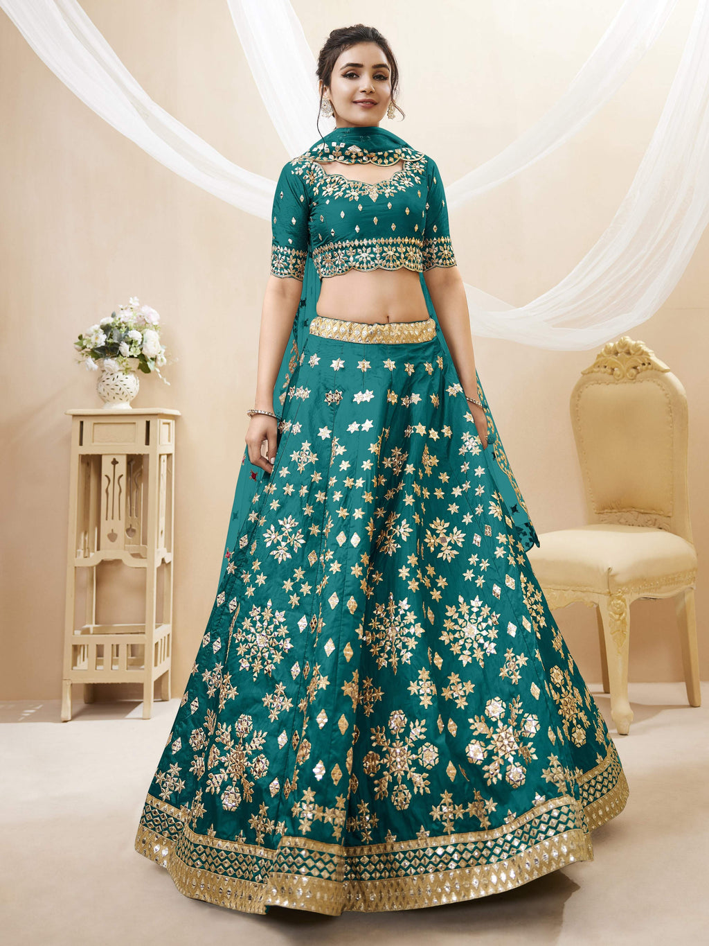 Jyoti Fashion Women's Green Art Silk Sequins with Foil & Zari Embroidered Lehenga Choli & Dupatta