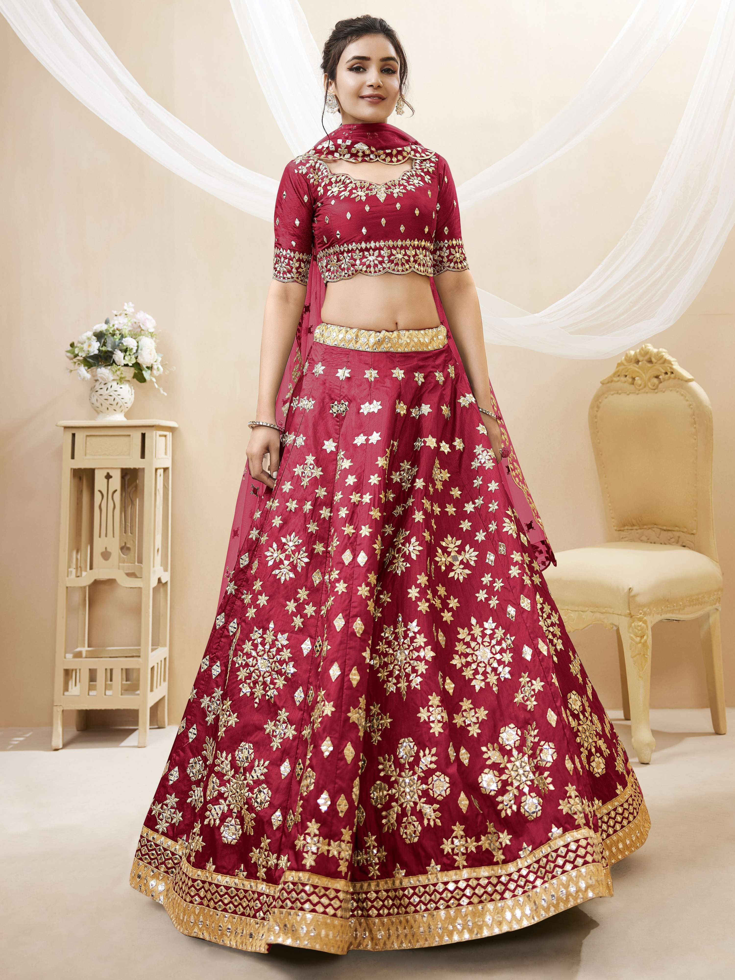 Jyoti Fashion Women's Red Art Silk Sequins with Foil & Zari Embroidered Lehenga Choli & Dupatta