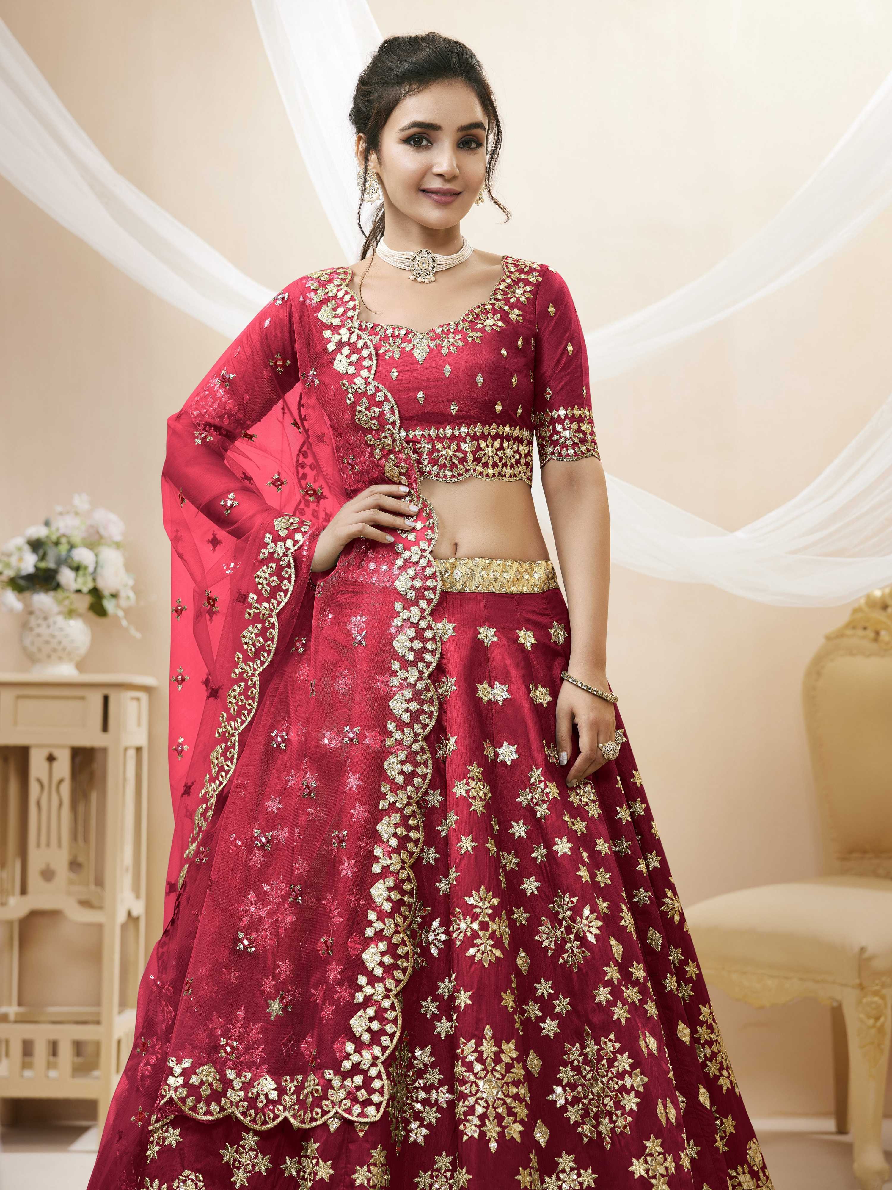 Jyoti Fashion Women's Red Art Silk Sequins with Foil & Zari Embroidered Lehenga Choli & Dupatta