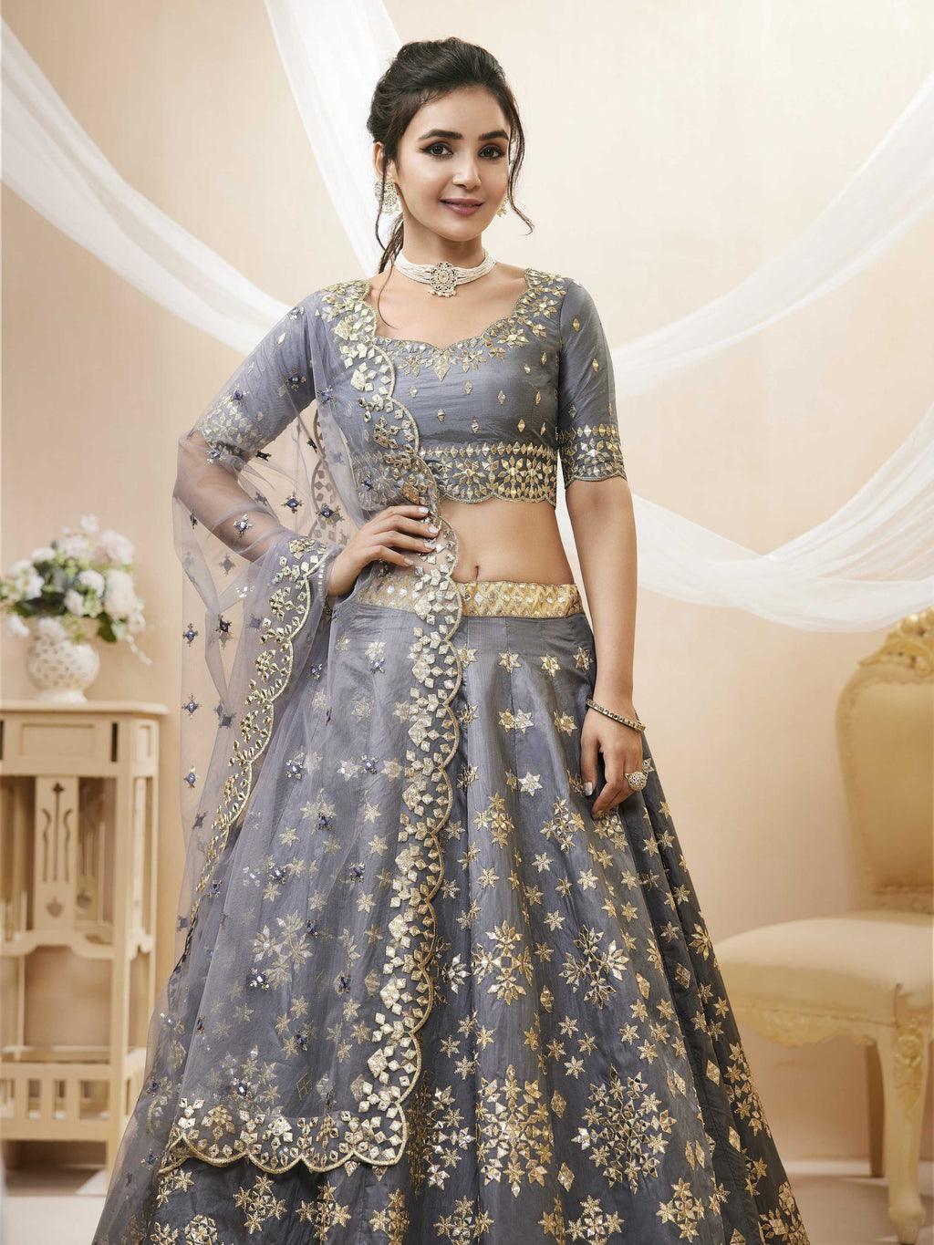 Jyoti Fashion Women's Grey Art Silk Sequins with Foil & Zari Embroidered Lehenga Choli & Dupatta