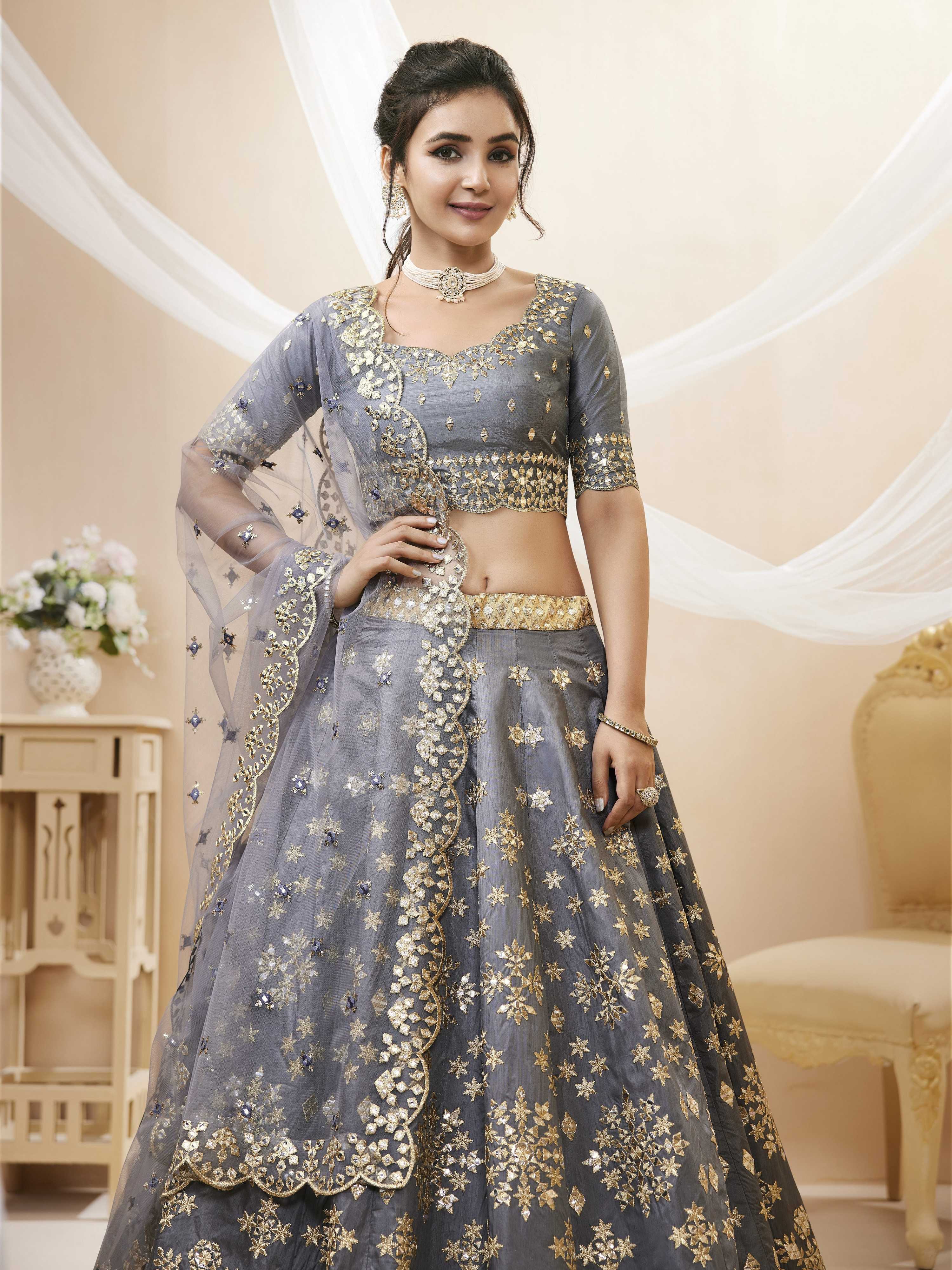 Jyoti Fashion Women's Grey Art Silk Sequins with Foil & Zari Embroidered Lehenga Choli & Dupatta
